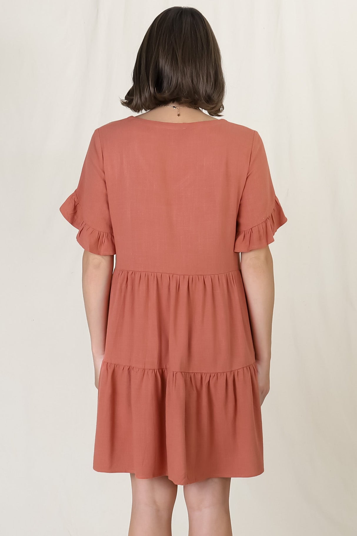 Audrina Mini Dress - Soft V Neck Tiered Dress with Pockets in Rust