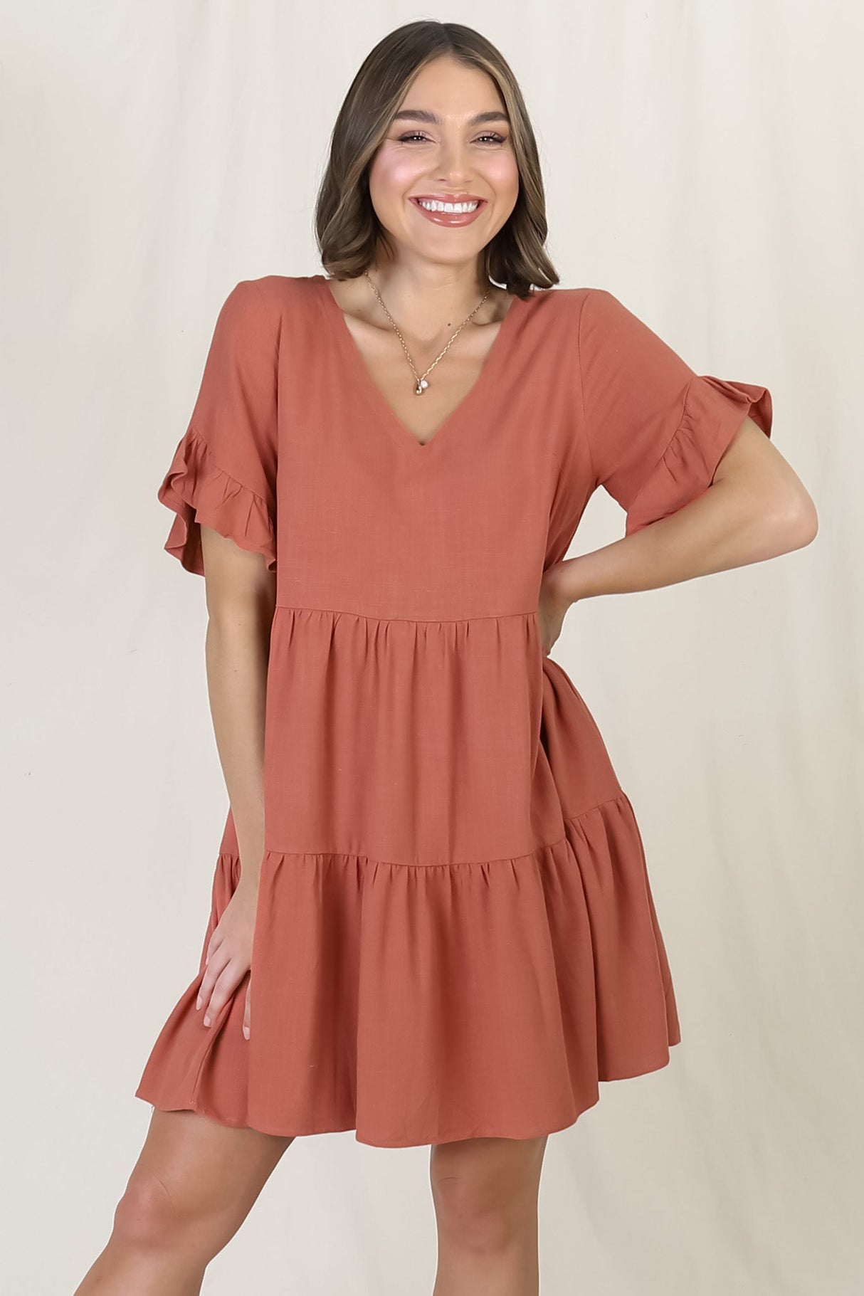 Audrina Mini Dress - Soft V Neck Tiered Dress with Pockets in Rust