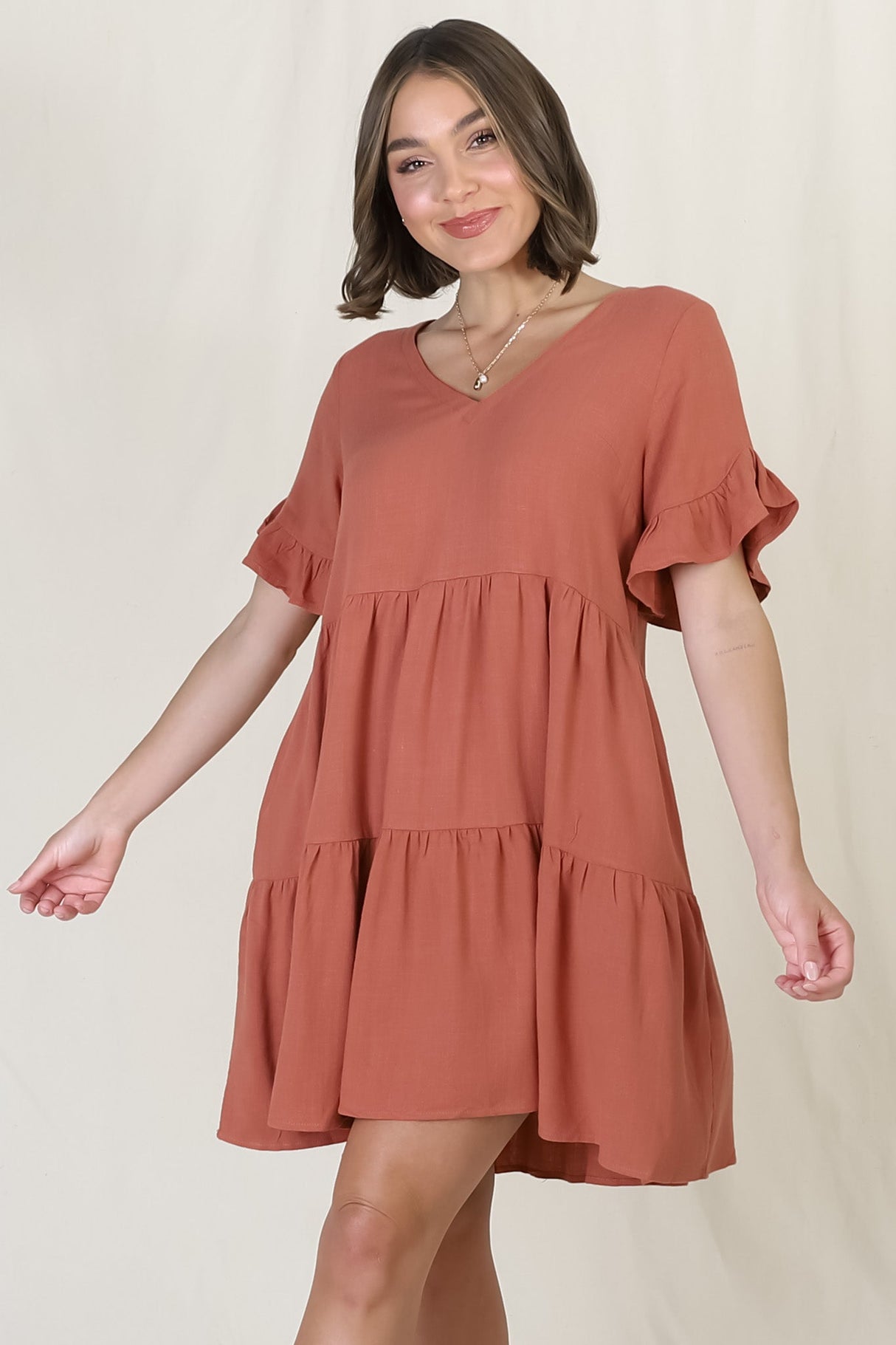 Audrina Mini Dress - Soft V Neck Tiered Dress with Pockets in Rust
