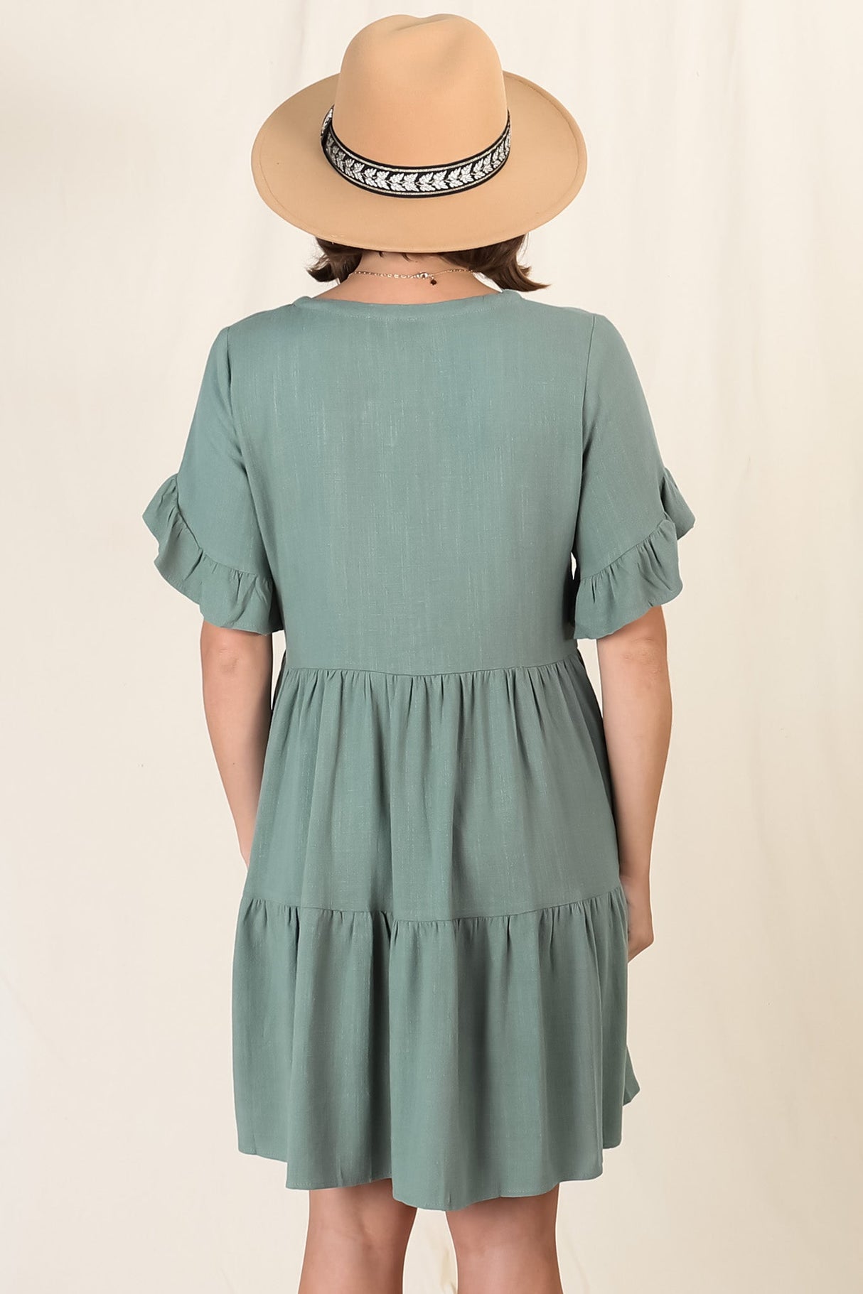 Audrina Mini Dress - Pull Over V Neck Tiered Dress with Pockets in Sage