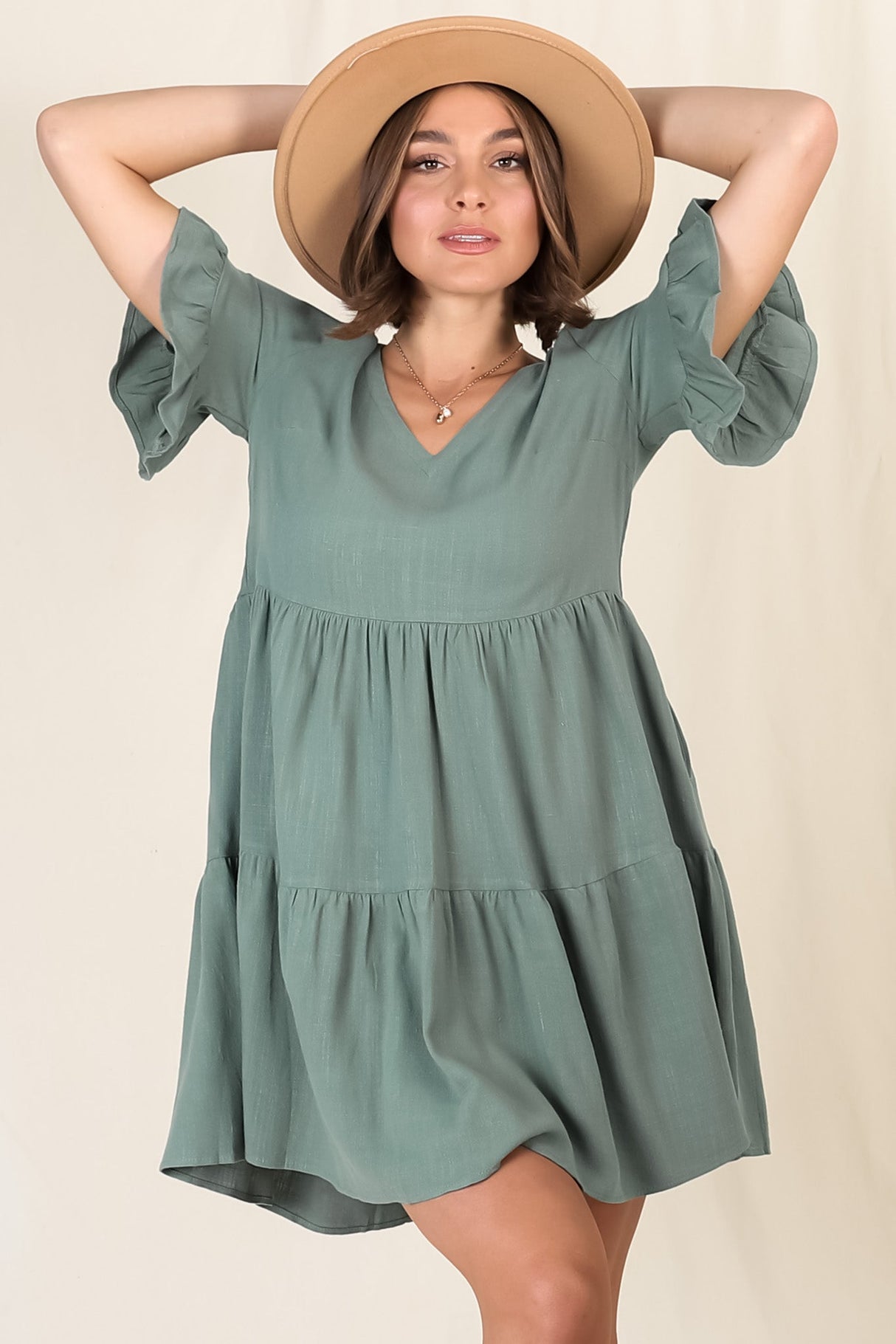 Audrina Mini Dress - Pull Over V Neck Tiered Dress with Pockets in Sage