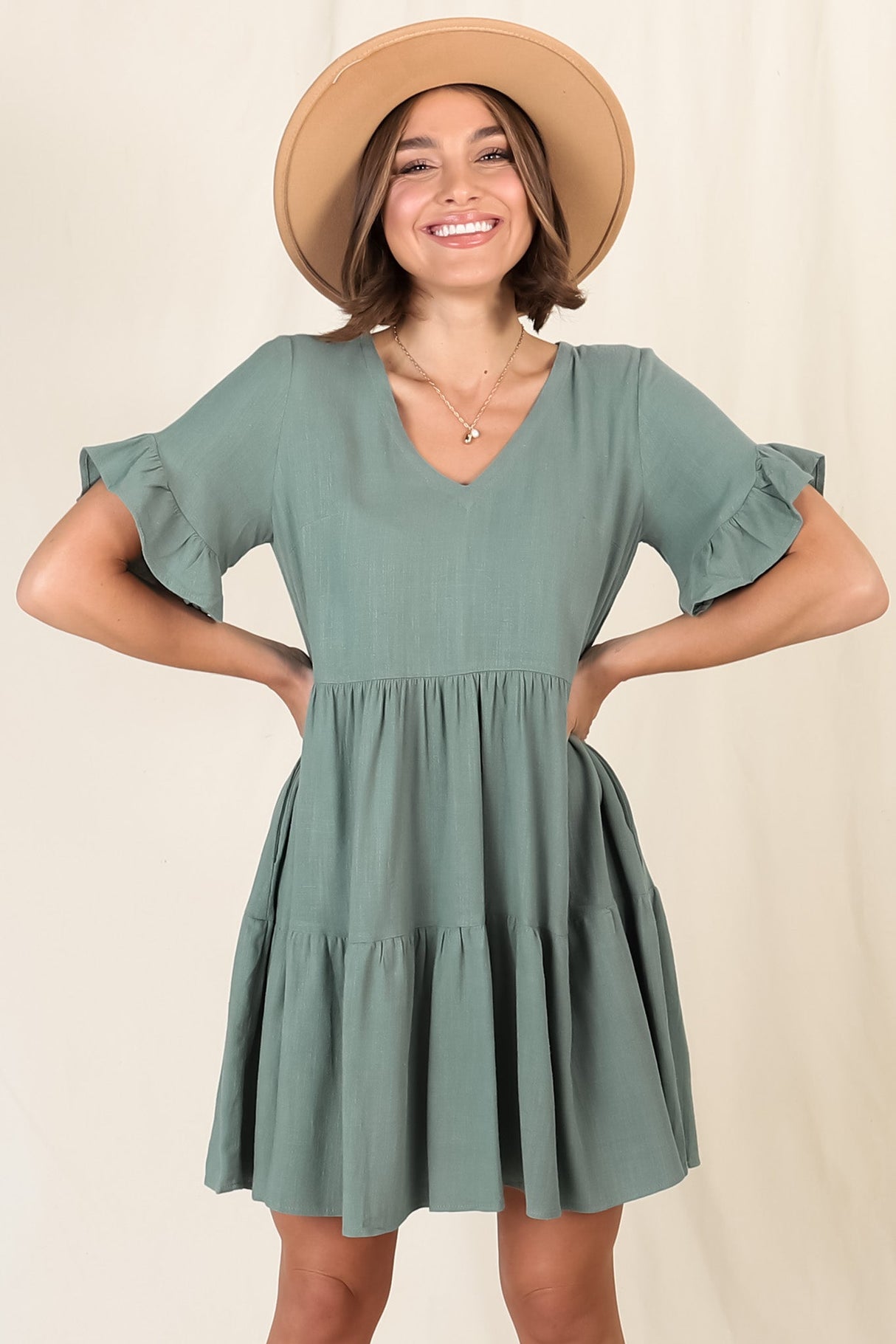 Audrina Mini Dress - Pull Over V Neck Tiered Dress with Pockets in Sage