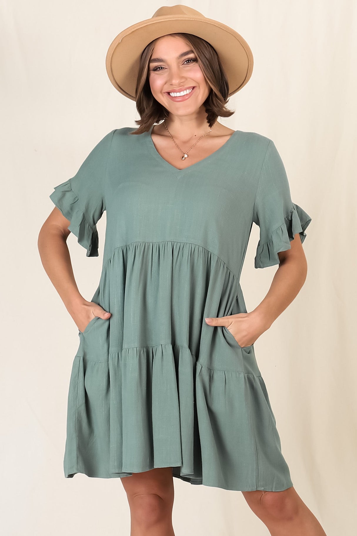 Audrina Mini Dress - Pull Over V Neck Tiered Dress with Pockets in Sage
