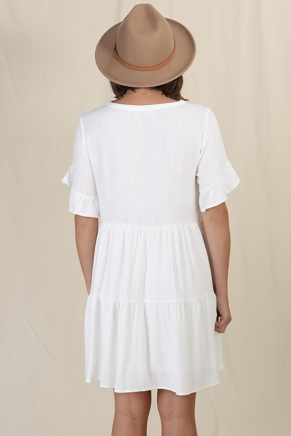 Audrina Mini Dress - Soft V Neck Tiered Dress with Short Sleeves and Frill Cuff in White
