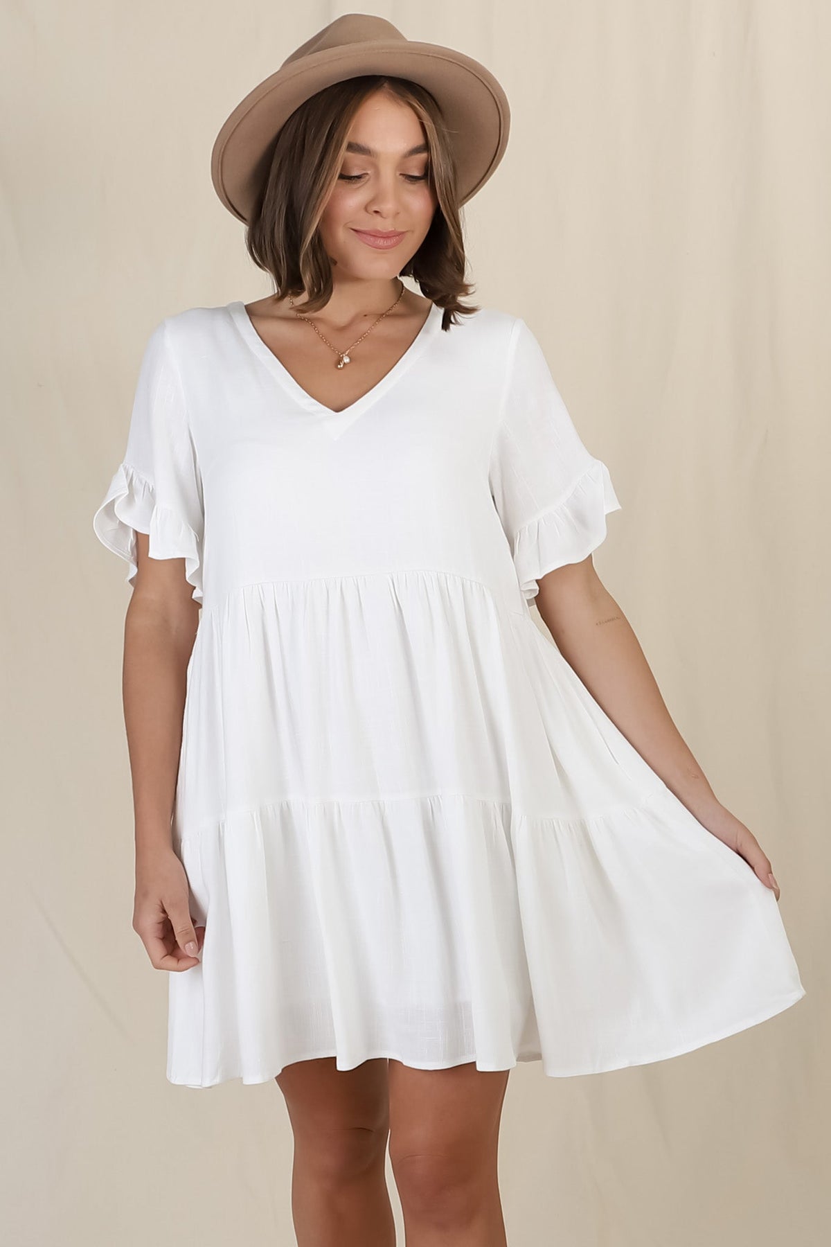 Audrina Mini Dress - Soft V Neck Tiered Dress with Short Sleeves and Frill Cuff in White