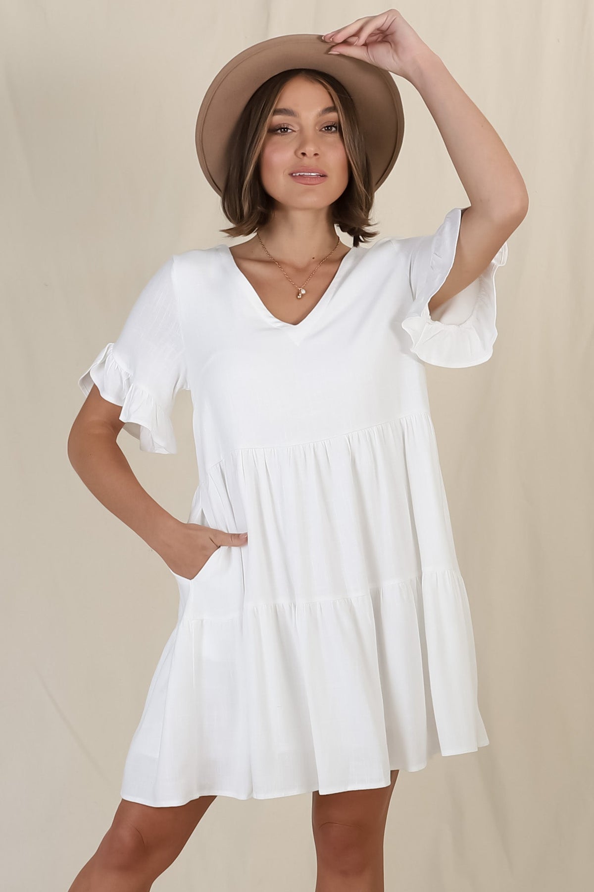 Audrina Mini Dress - Soft V Neck Tiered Dress with Short Sleeves and Frill Cuff in White