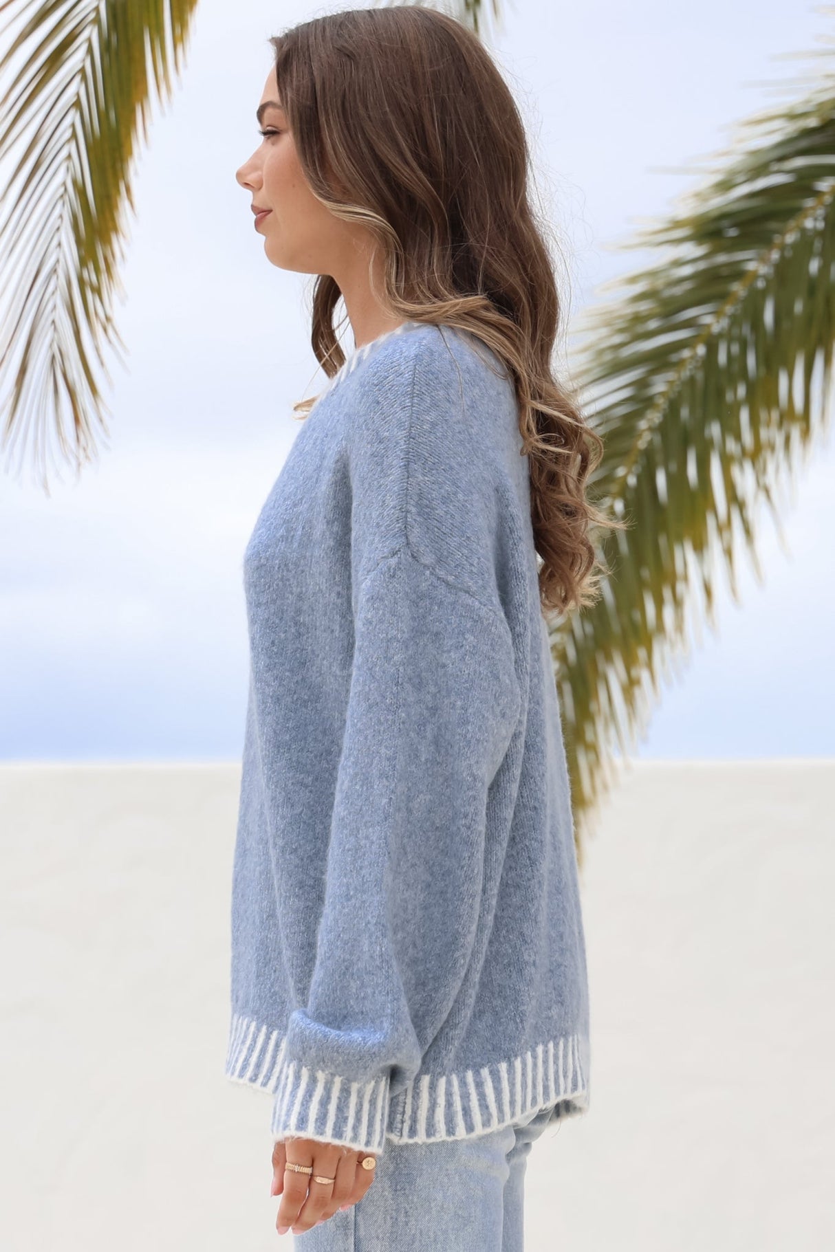 Aura Jumper - Crew Neck Jumper with Contrast Stripe Trim in Blue