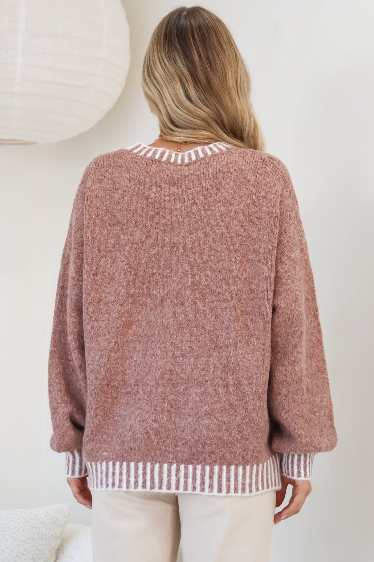 Aura Jumper - Crew Neck Jumper with Contrast Stripe Trim in Cinnamon