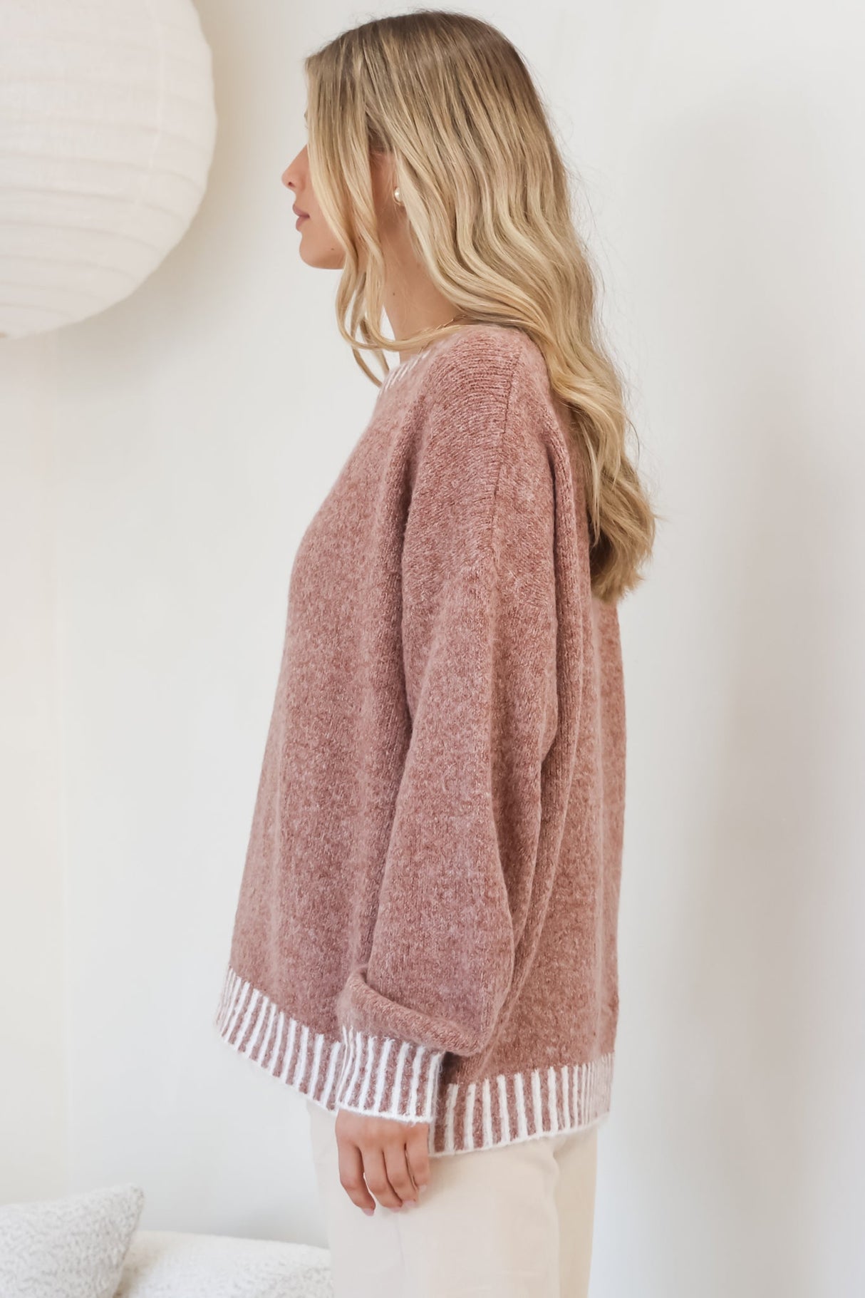 Aura Jumper - Crew Neck Jumper with Contrast Stripe Trim in Cinnamon