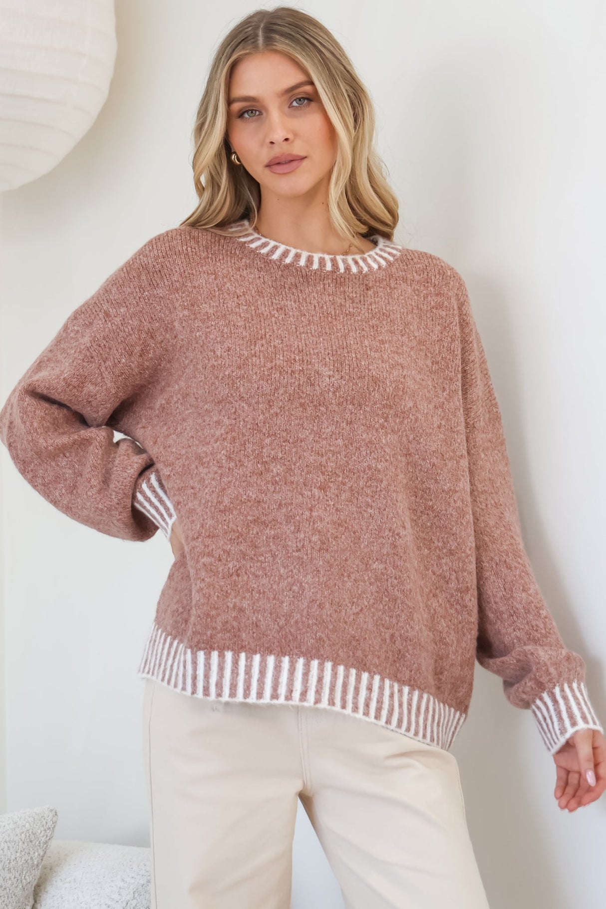 Aura Jumper - Crew Neck Jumper with Contrast Stripe Trim in Cinnamon