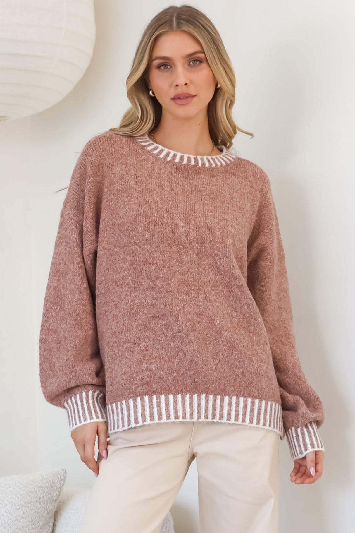 Aura Jumper - Crew Neck Jumper with Contrast Stripe Trim in Cinnamon