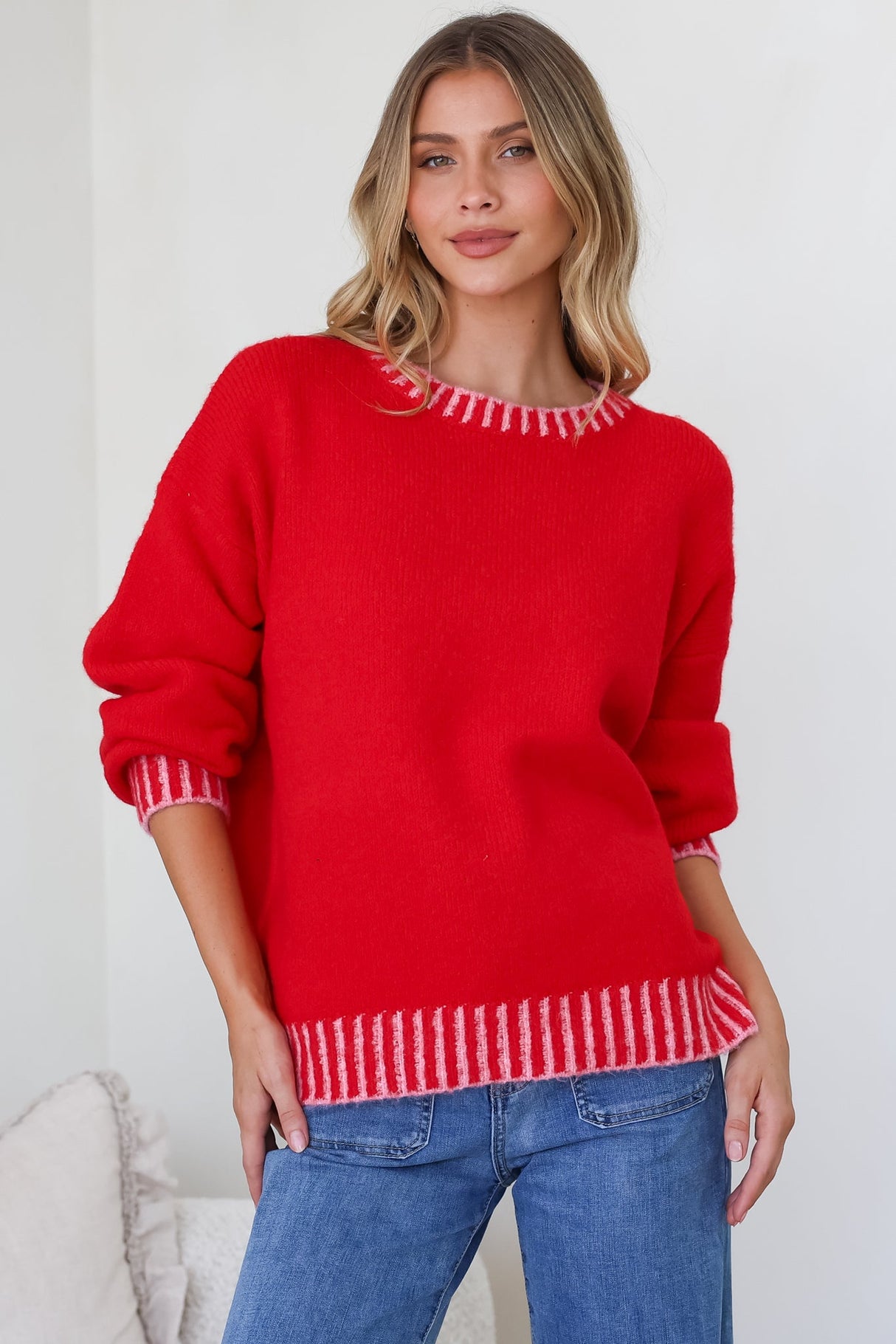 Aura Jumper - Crew Neck Jumper with Contrast Stripe Trim in Red