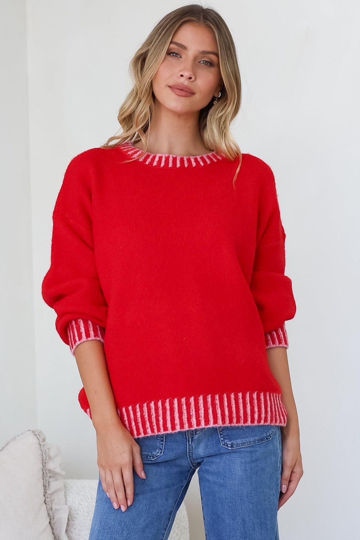 Aura Jumper - Crew Neck Jumper with Contrast Stripe Trim in Red