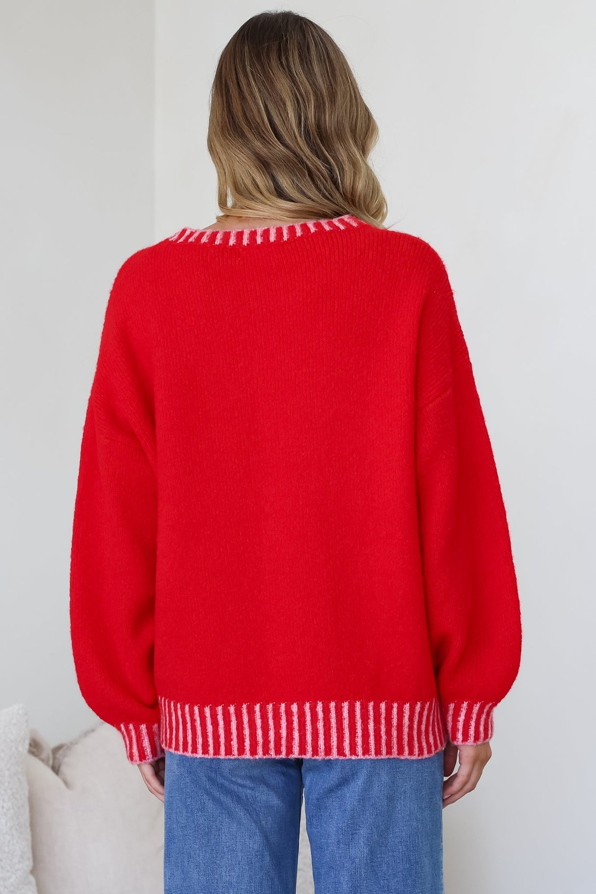 Aura Jumper - Crew Neck Jumper with Contrast Stripe Trim in Red