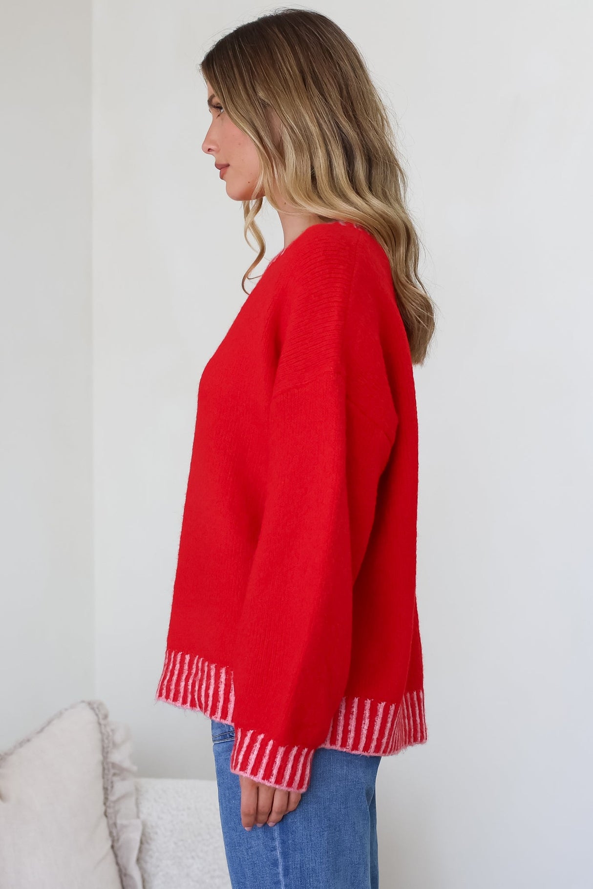 Aura Jumper - Crew Neck Jumper with Contrast Stripe Trim in Red