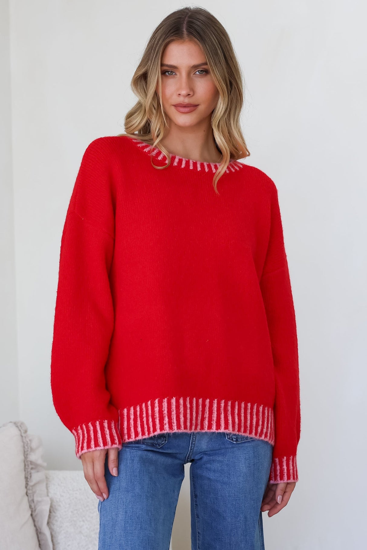 Aura Jumper - Crew Neck Jumper with Contrast Stripe Trim in Red