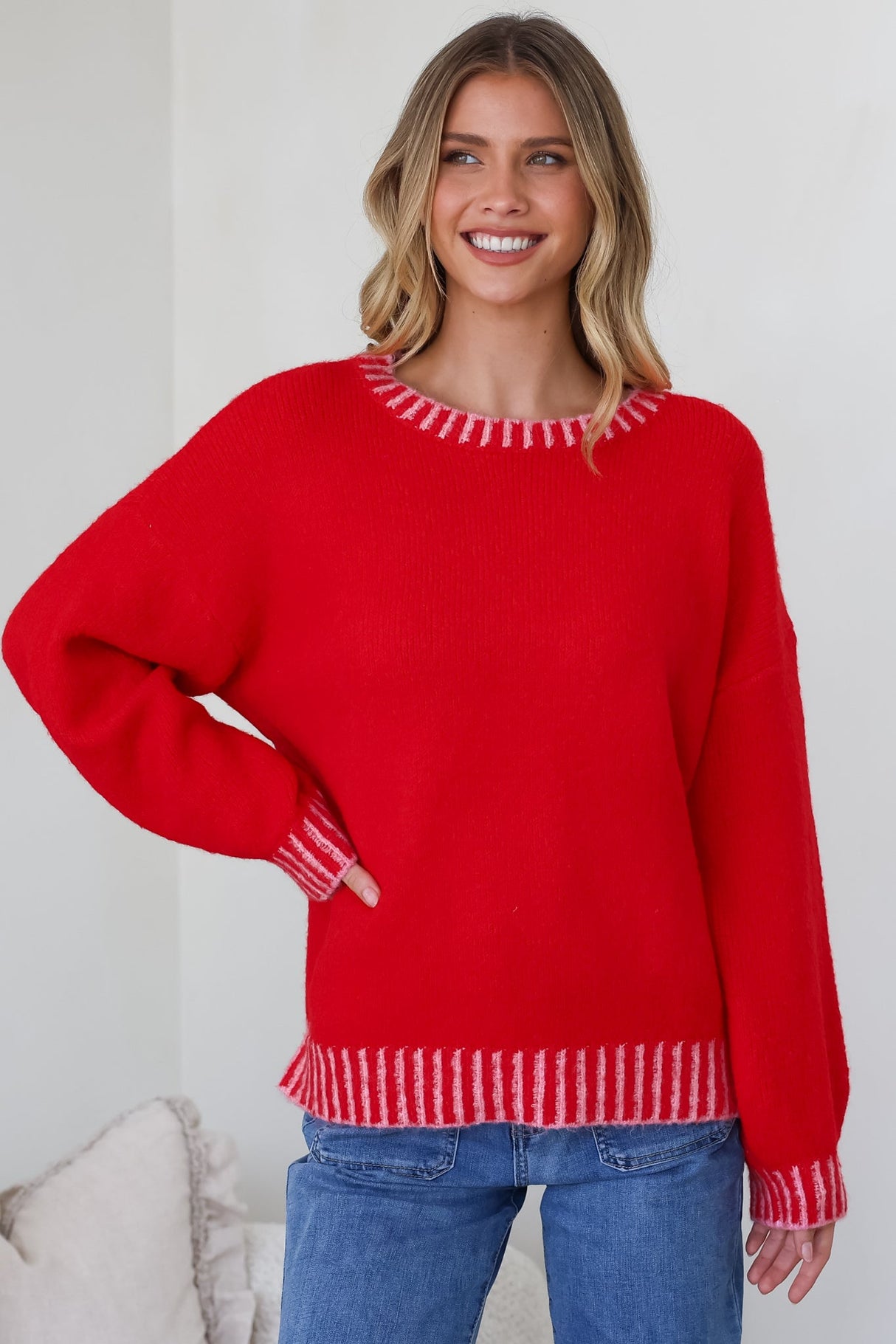 Aura Jumper - Crew Neck Jumper with Contrast Stripe Trim in Red