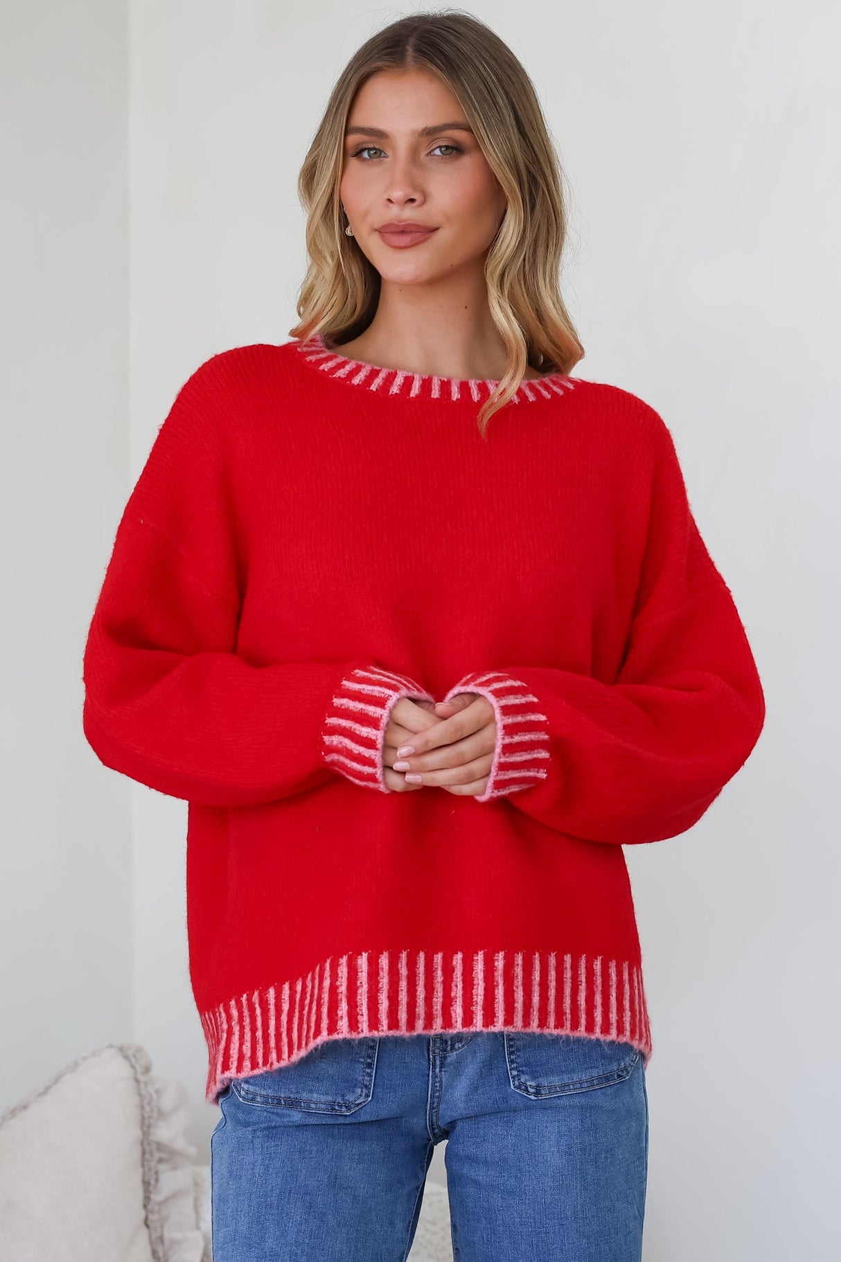Aura Jumper - Crew Neck Jumper with Contrast Stripe Trim in Red