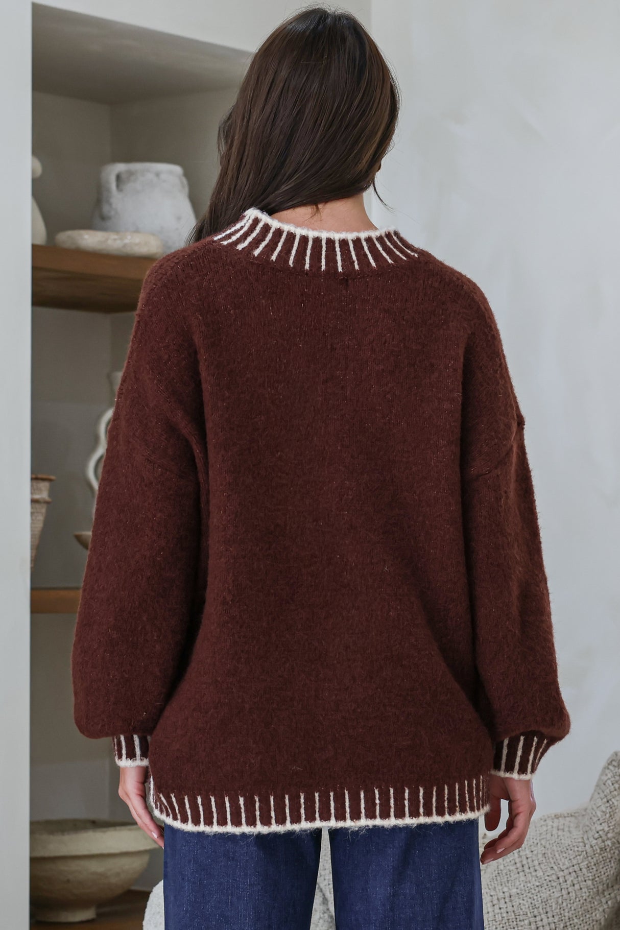 Aura Jumper - Crew Neck Jumper with Contrast Stripe Trim in Coffee