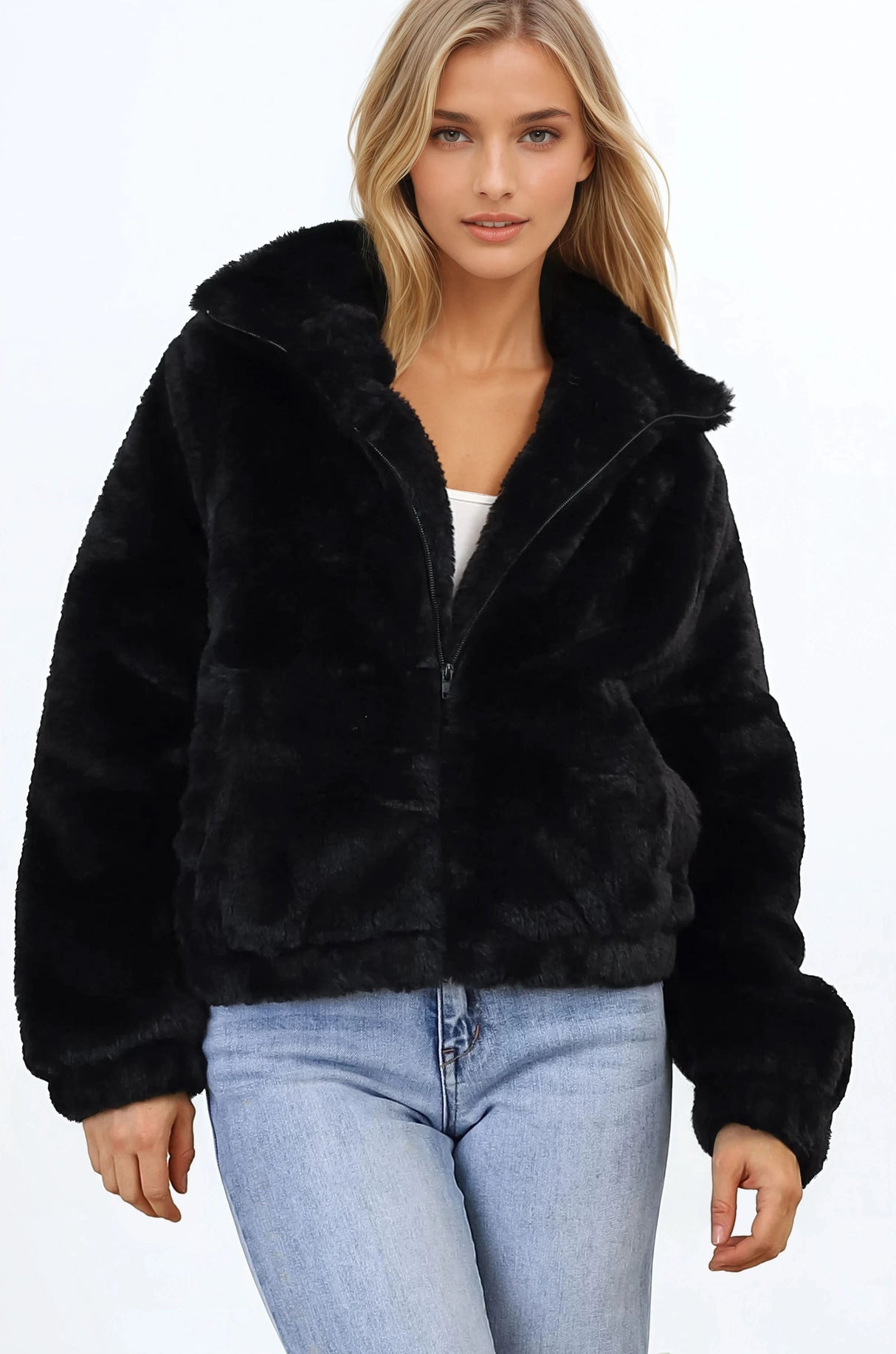 Austin Jacket - Zip Up Teddy Jacket with Pockets in Black