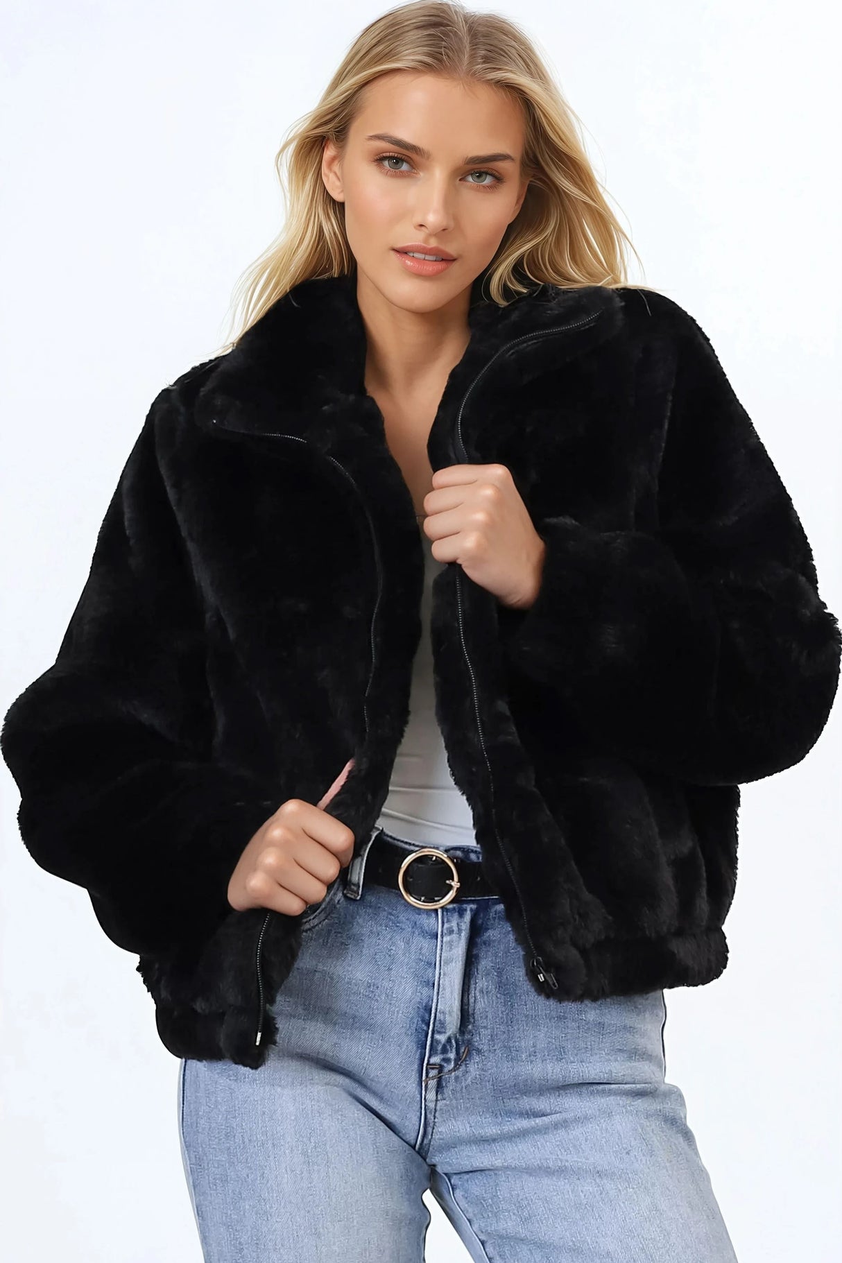 Austin Jacket - Zip Up Teddy Jacket with Pockets in Black