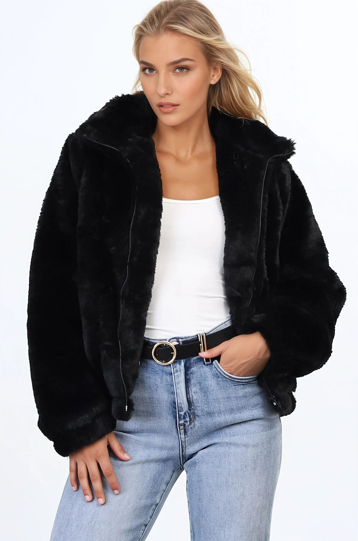 Austin Jacket - Zip Up Teddy Jacket with Pockets in Black