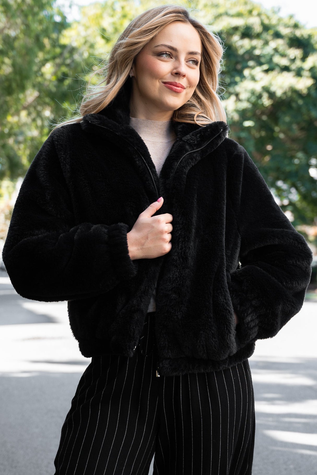 Austin Jacket - Zip Up Teddy Jacket with Pockets in Black