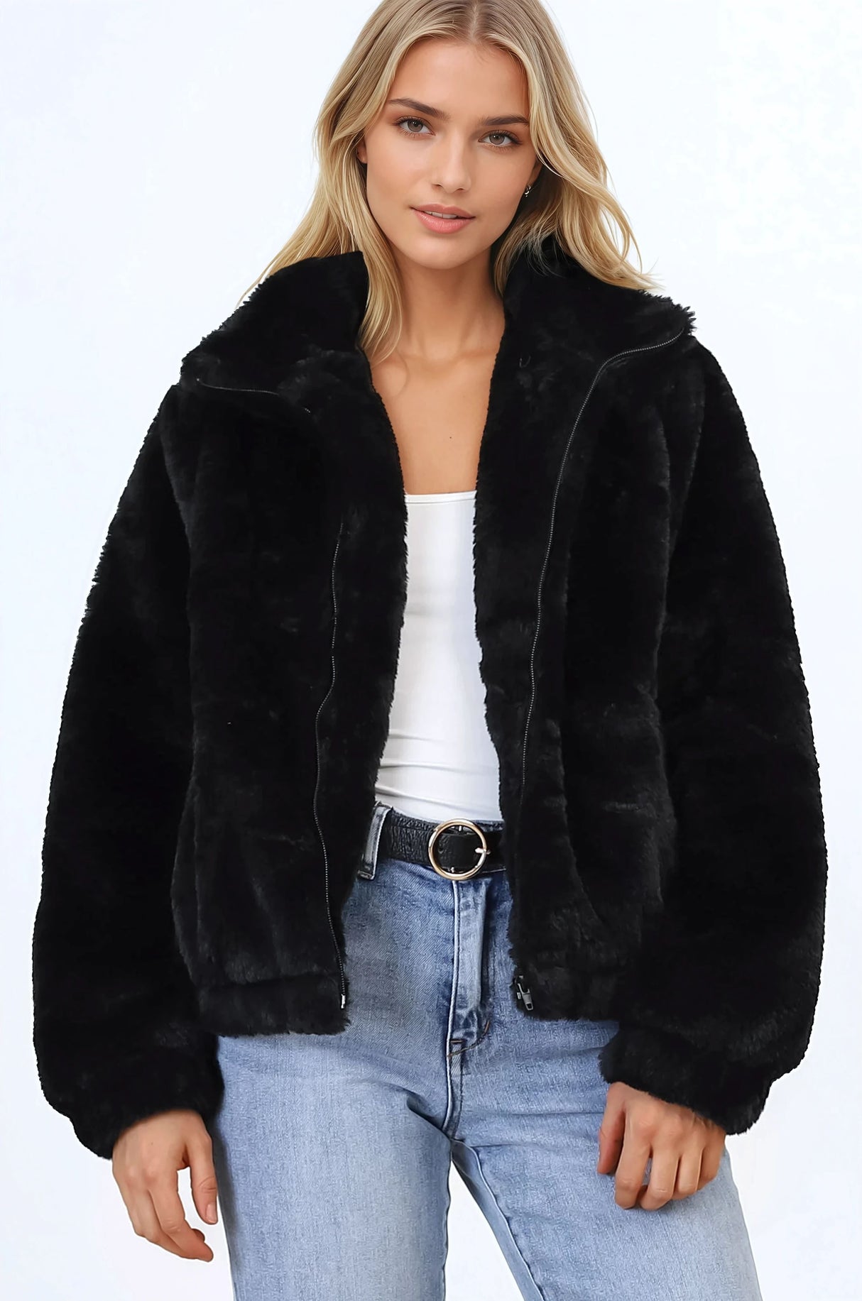 Austin Jacket - Zip Up Teddy Jacket with Pockets in Black