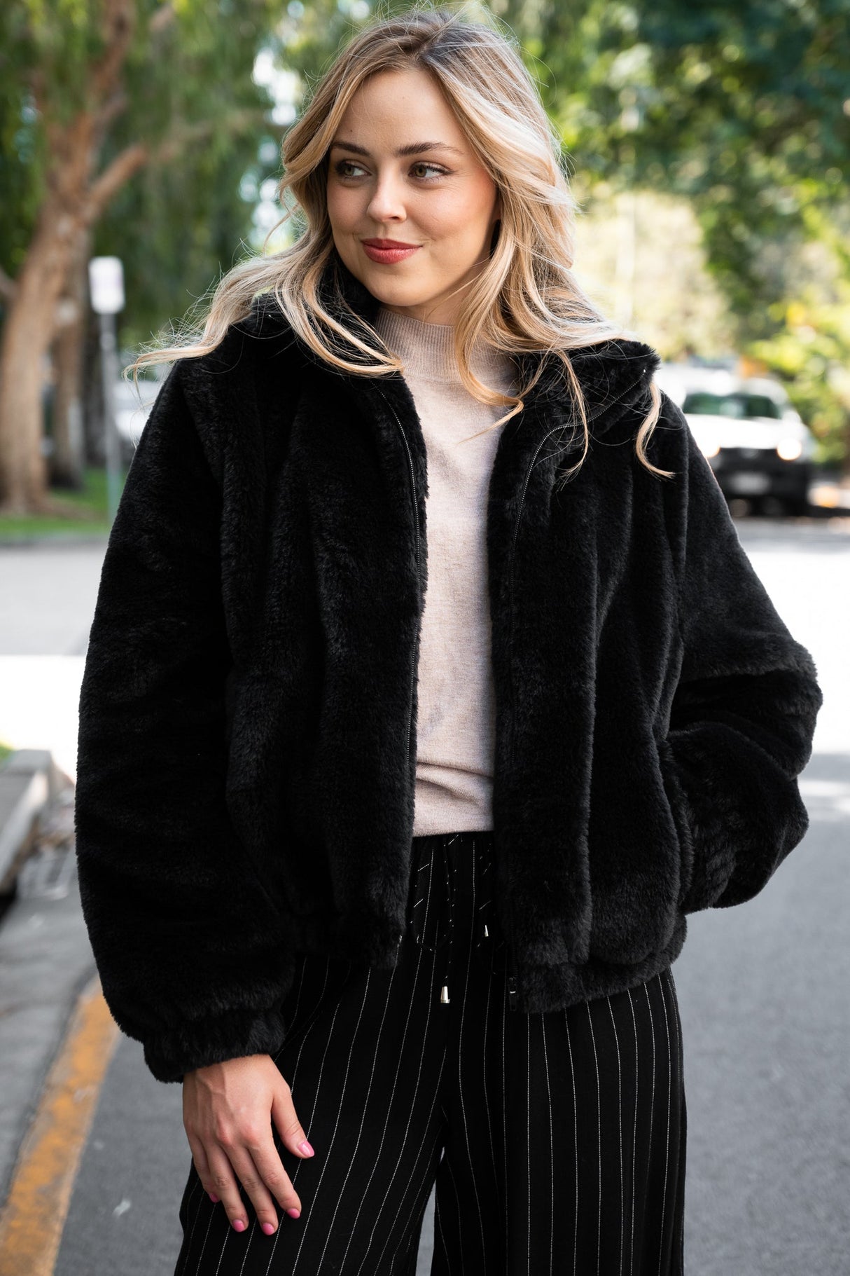 Austin Jacket - Zip Up Teddy Jacket with Pockets in Black