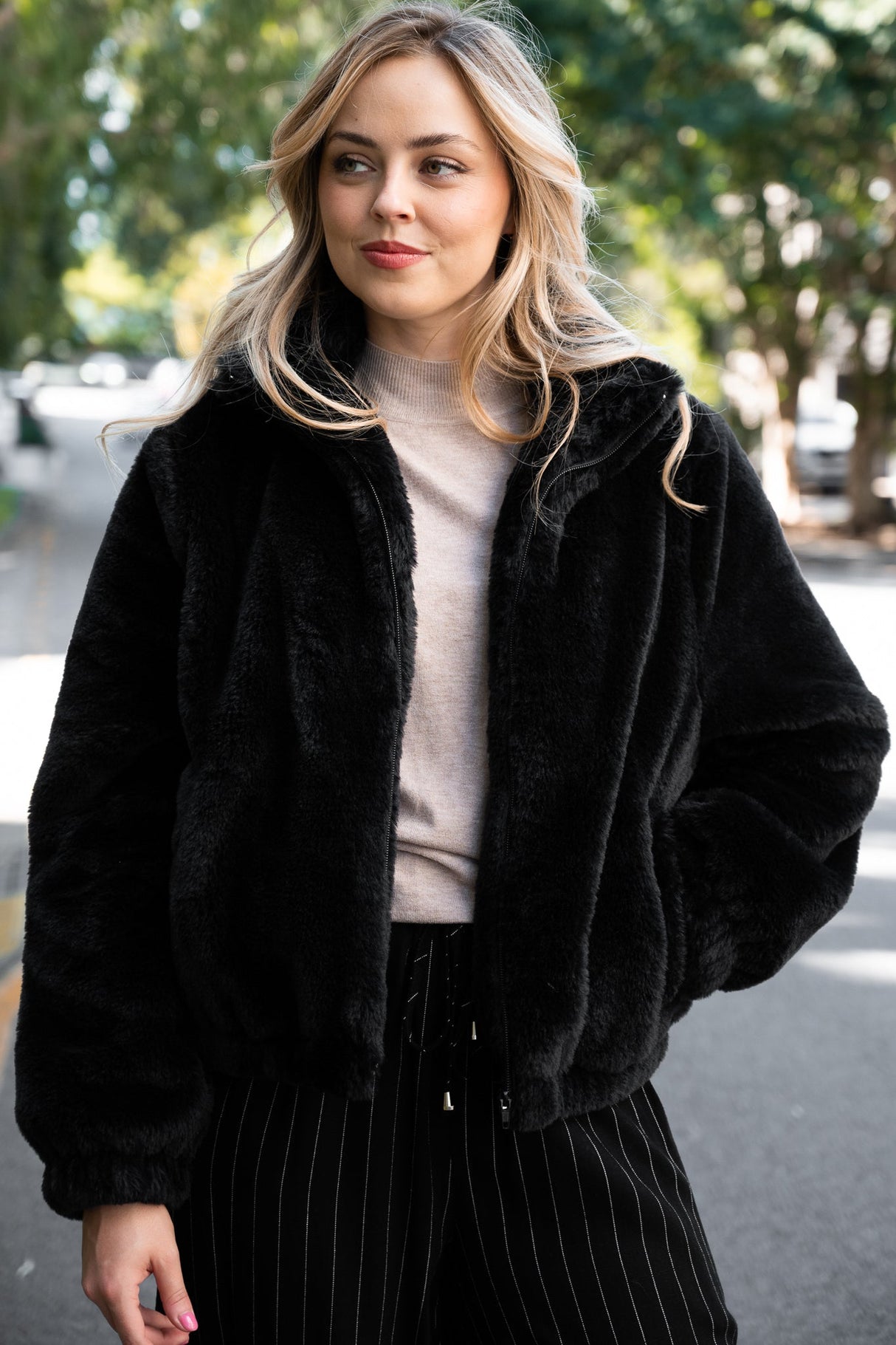 Austin Jacket - Zip Up Teddy Jacket with Pockets in Black