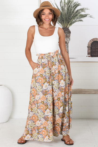 Avianna Pants - Paperbag High Waisted Wide Leg Pants in Floral Print