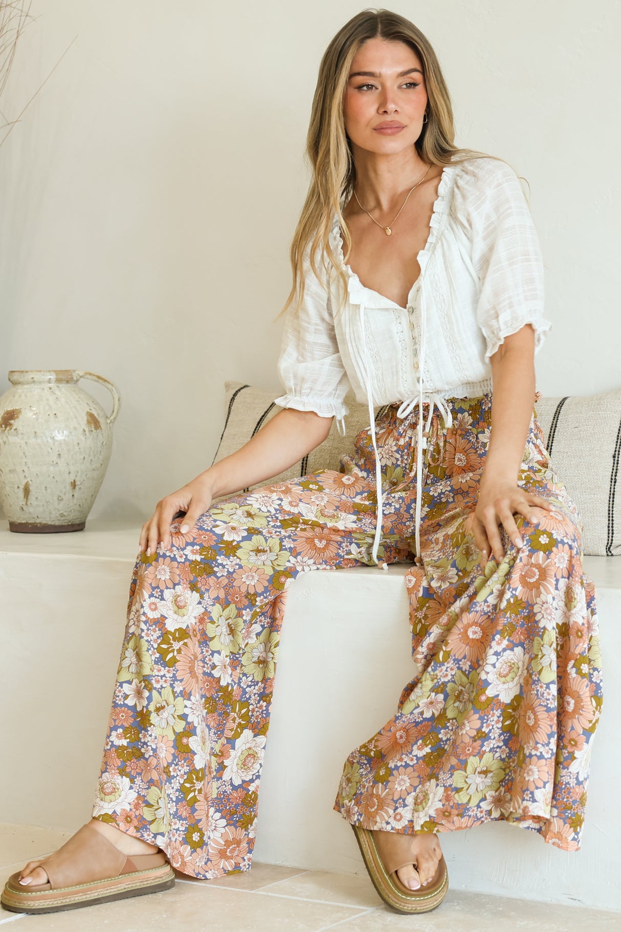 Avianna Pants - Paper Bag High Waisted Wide Leg Pants in Floral Print