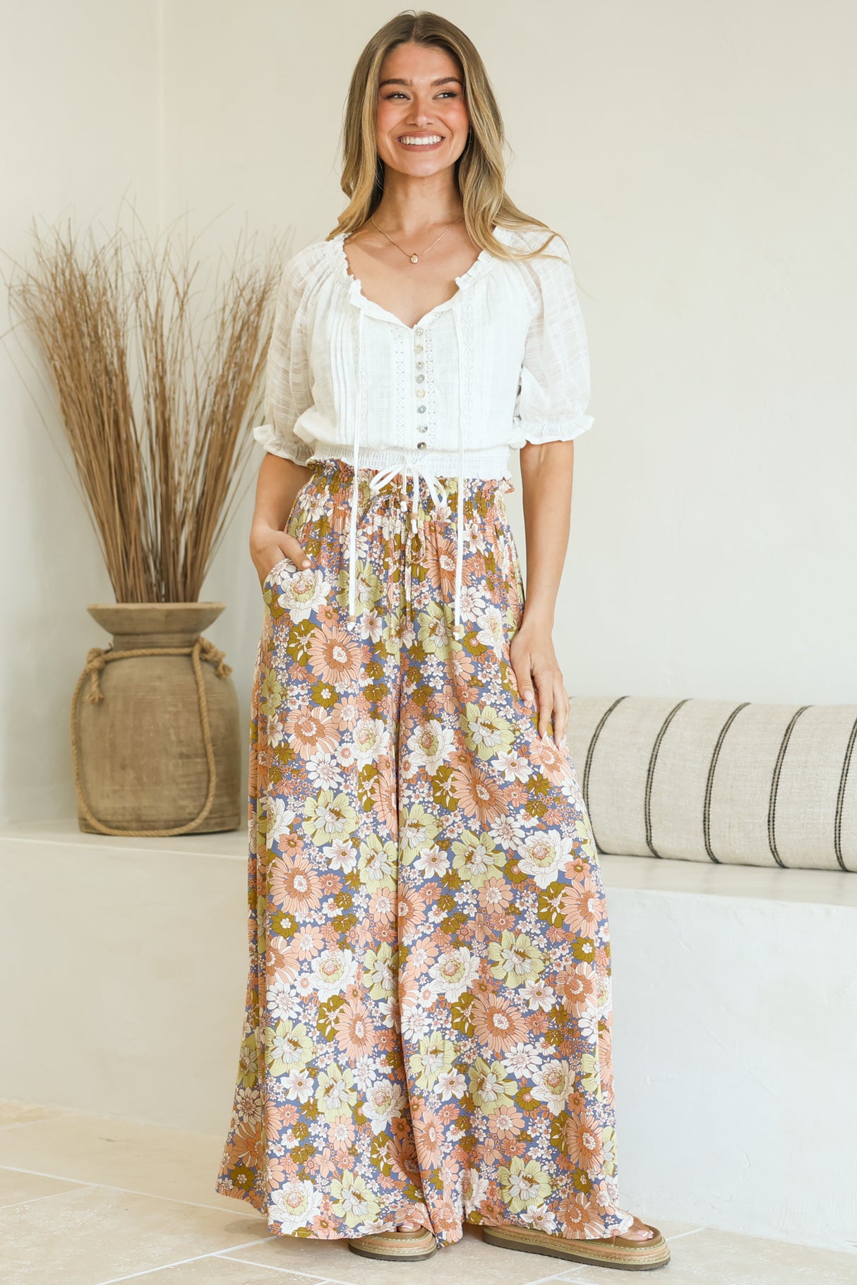Avianna Pants - Paper Bag High Waisted Wide Leg Pants in Floral Print
