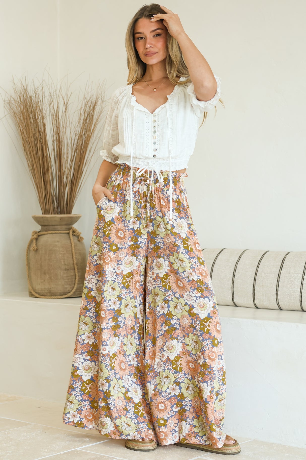 Avianna Pants - Paper Bag High Waisted Wide Leg Pants in Floral Print
