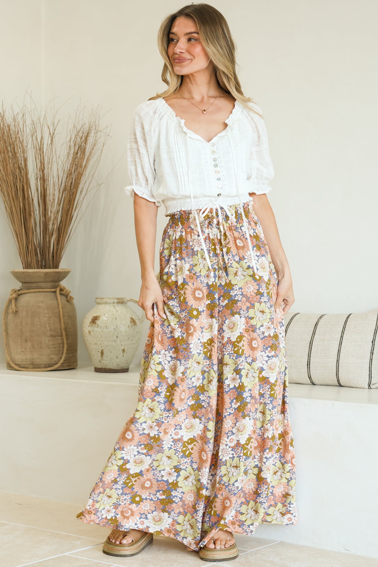 Avianna Pants - Paper Bag High Waisted Wide Leg Pants in Floral Print