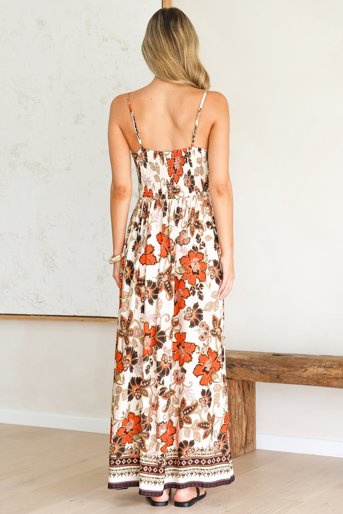 Aviva Maxi Dress - V Neck Smocked Bodice A-Line Dress with Adjustable Straps in Peonia Print