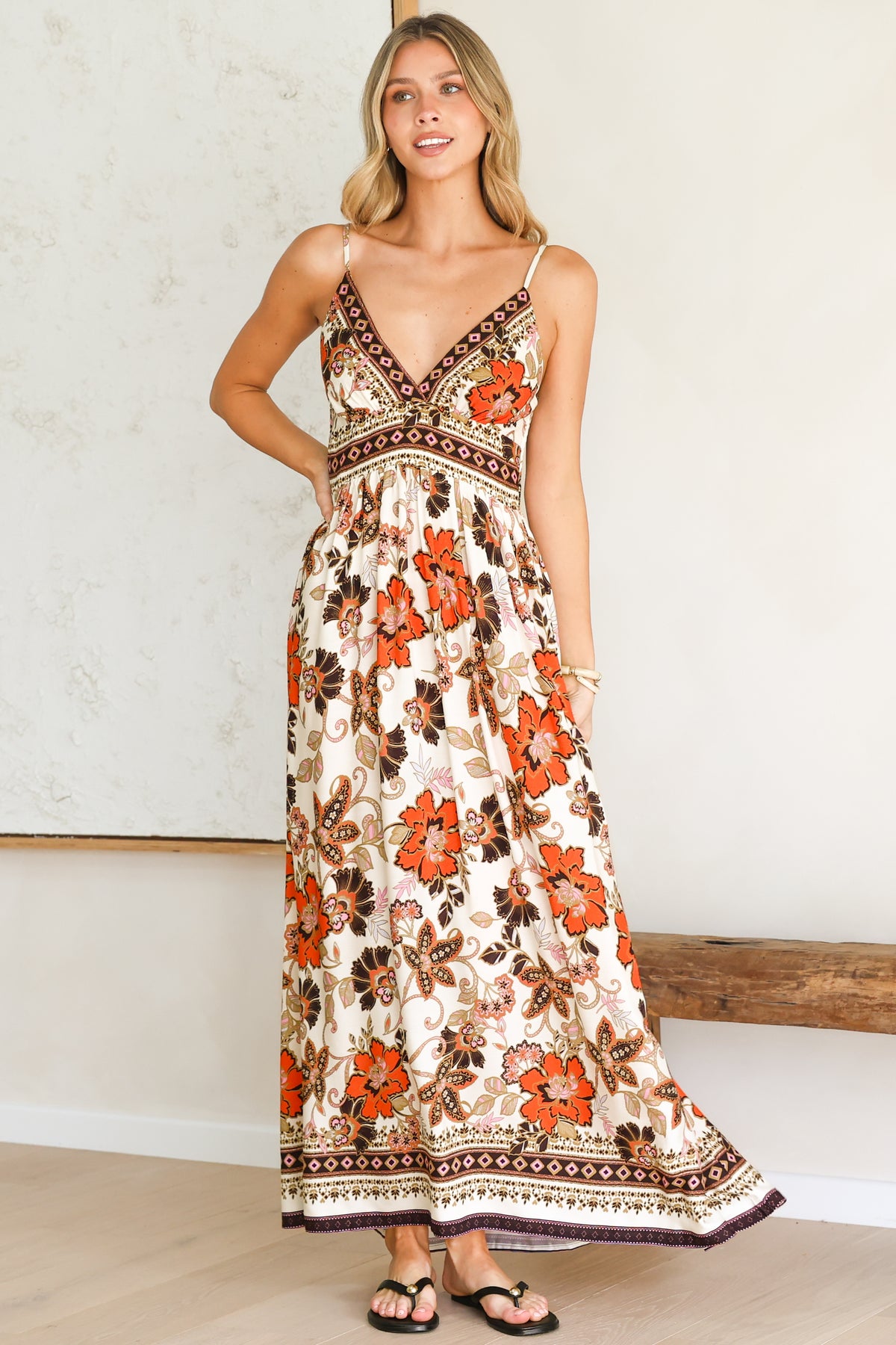 Aviva Maxi Dress - V Neck Smocked Bodice A-Line Dress with Adjustable Straps in Peonia Print