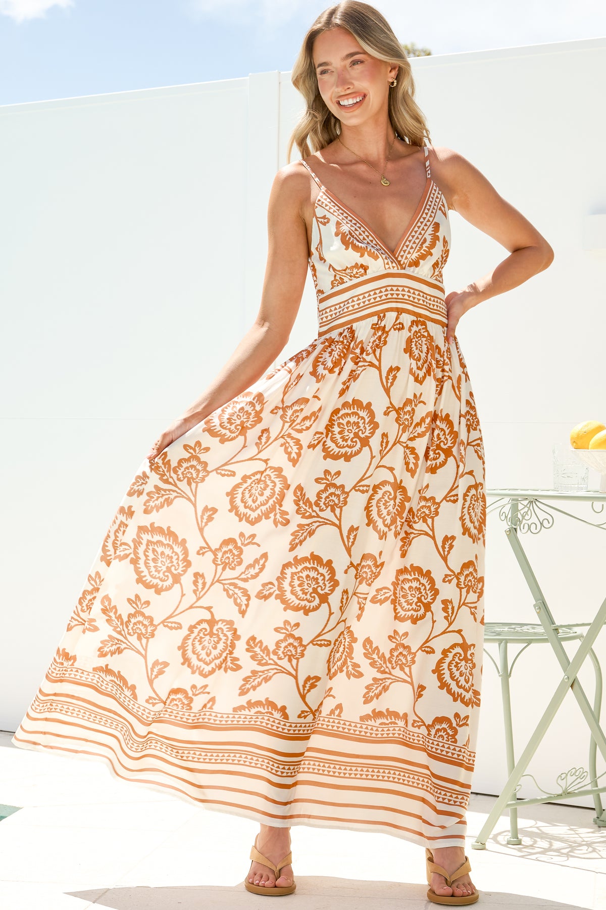 Aviva Maxi Dress - V Neck Smocked Bodice A-Line Dress with Adjustable Straps in Tamari Print
