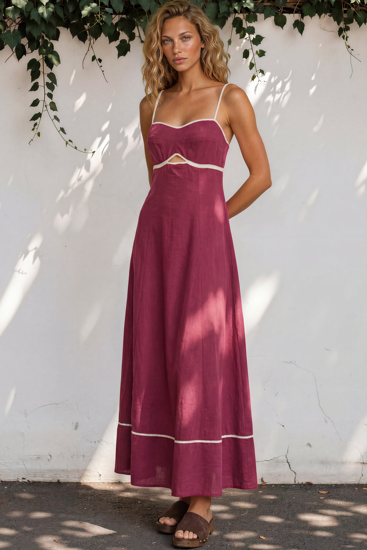 Model wearing Aviva Maxi Dress in Plum from Salty Crush