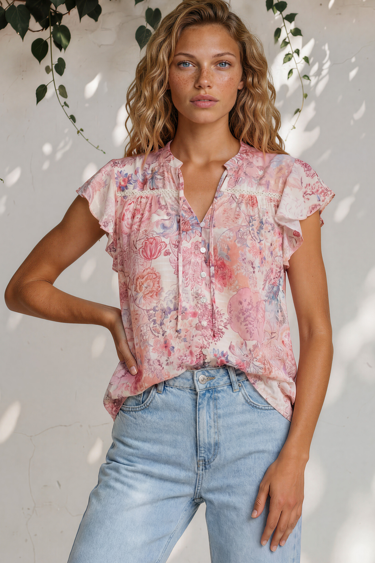 Model wearing Avril Blouse in Alani Print from Salty Crush