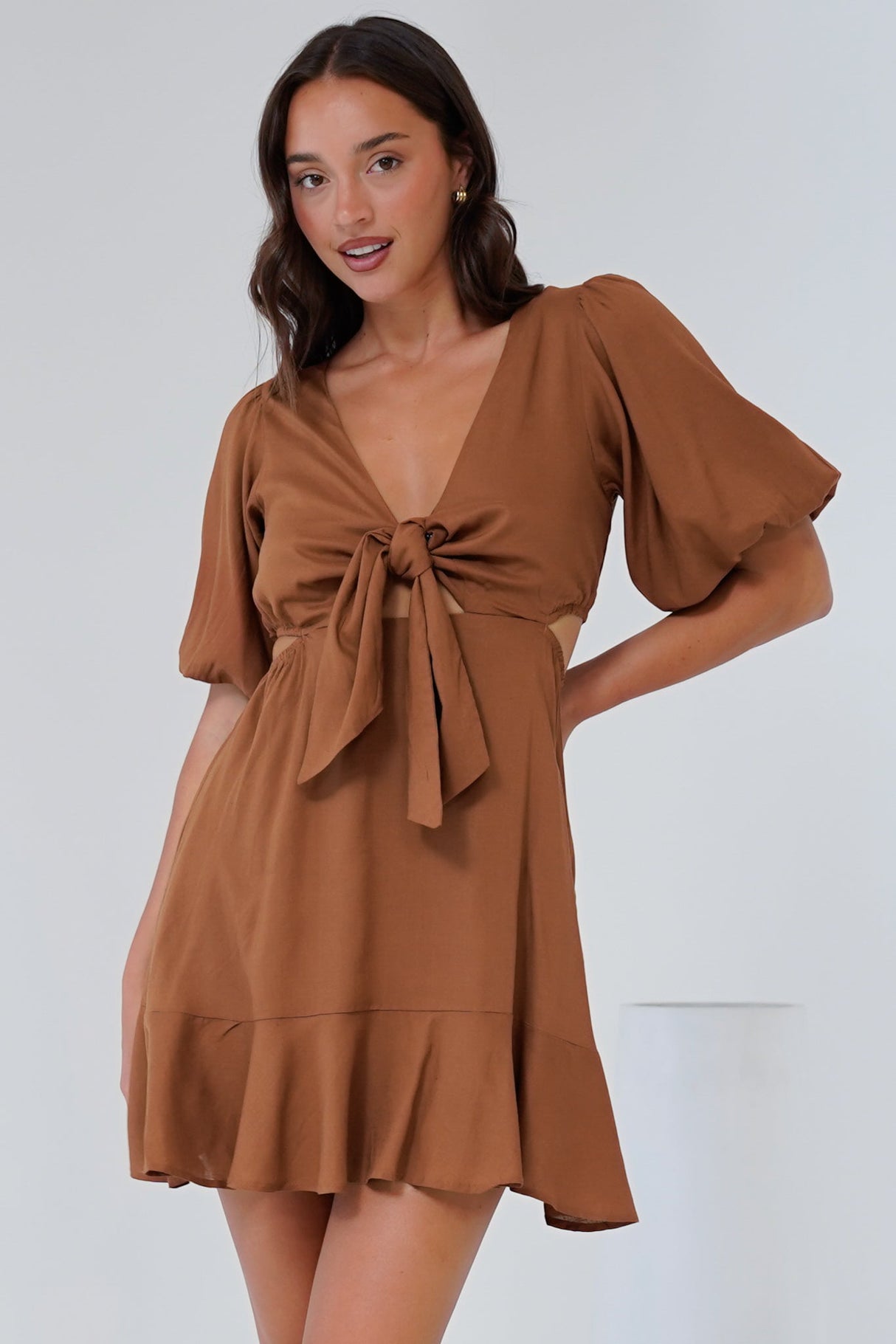 Awanda Mini Dress - Tie Up Bust Cut Out Dress with Ruffle Hemline in Brown