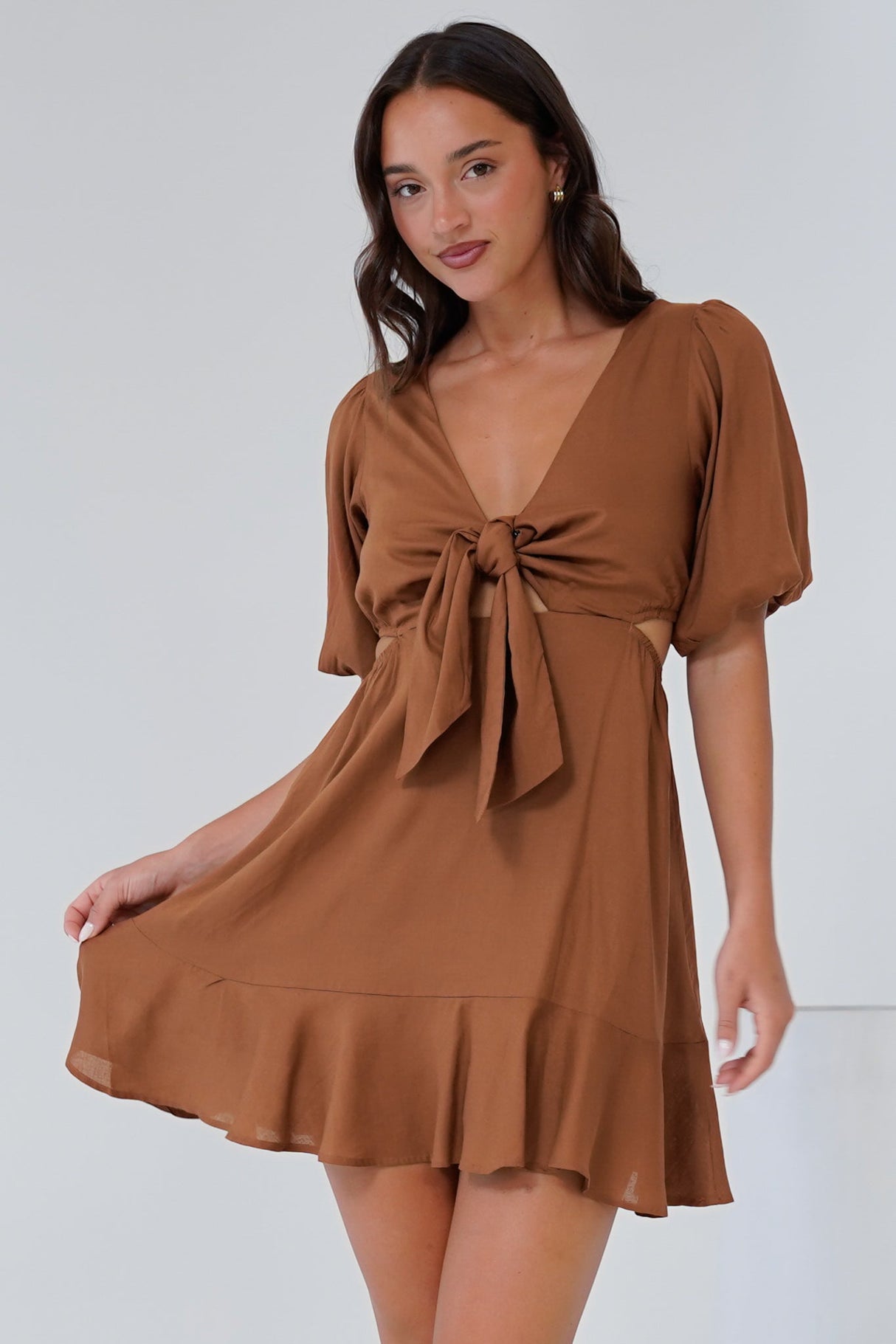 Awanda Mini Dress - Tie Up Bust Cut Out Dress with Ruffle Hemline in Brown