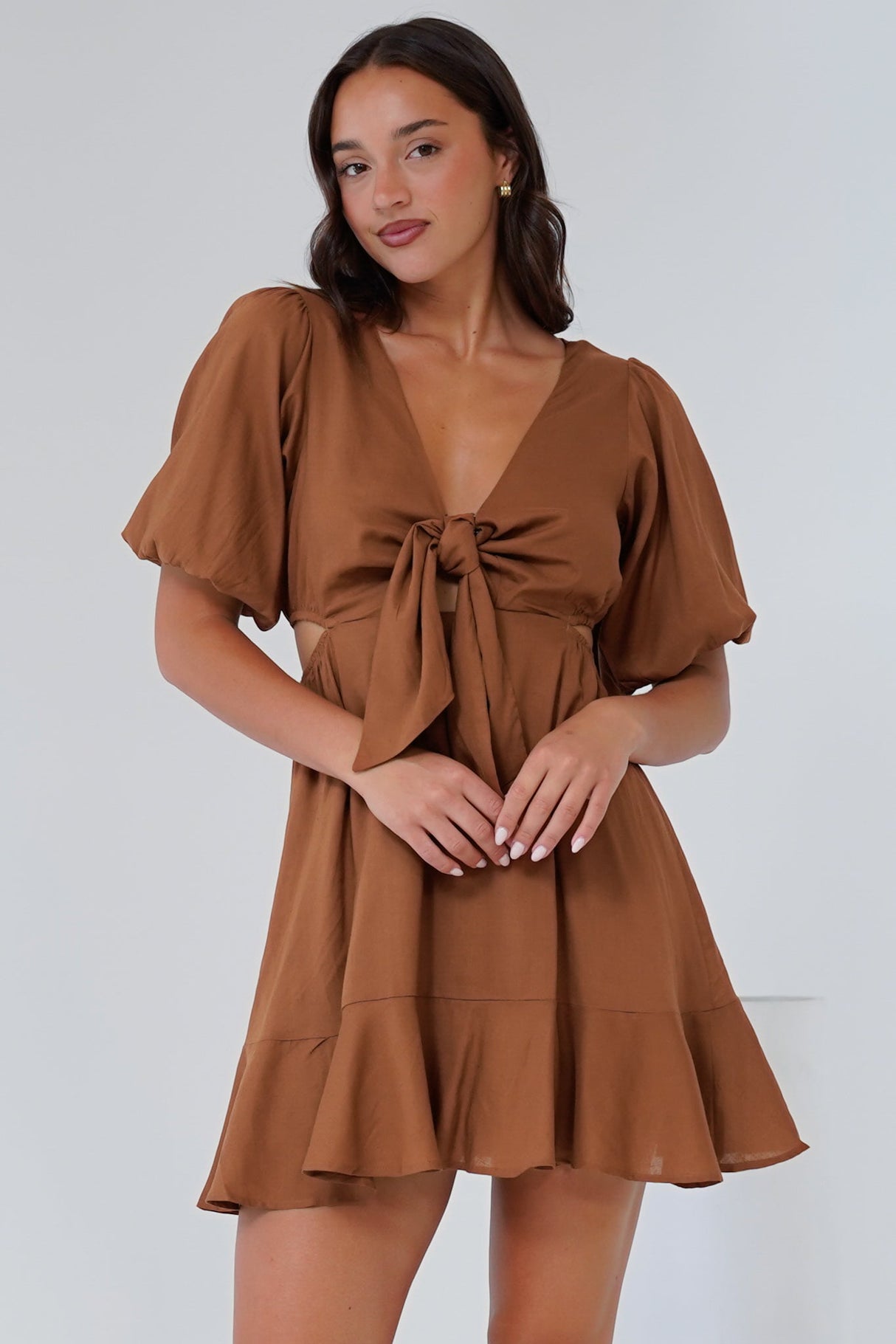 Awanda Mini Dress - Tie Up Bust Cut Out Dress with Ruffle Hemline in Brown
