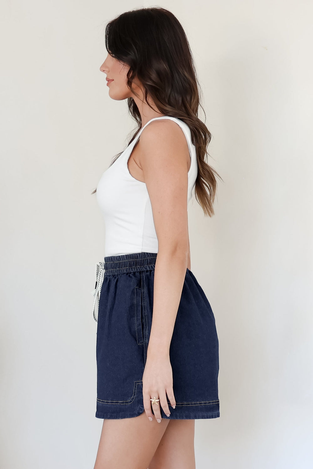Aydar Denim Shorts - High Waisted Scoop Hemline Shorts in Dark Denim