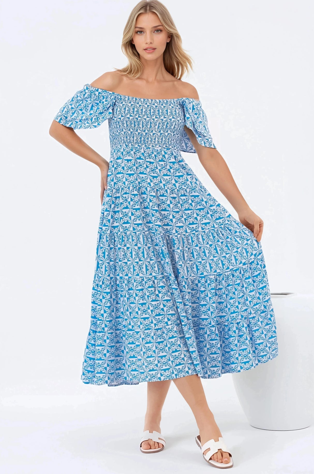 Aylia Midi Dress - Milkmaid Neckline Elasticated Bodice Frill Cap Sleeve Dress in Dory Print