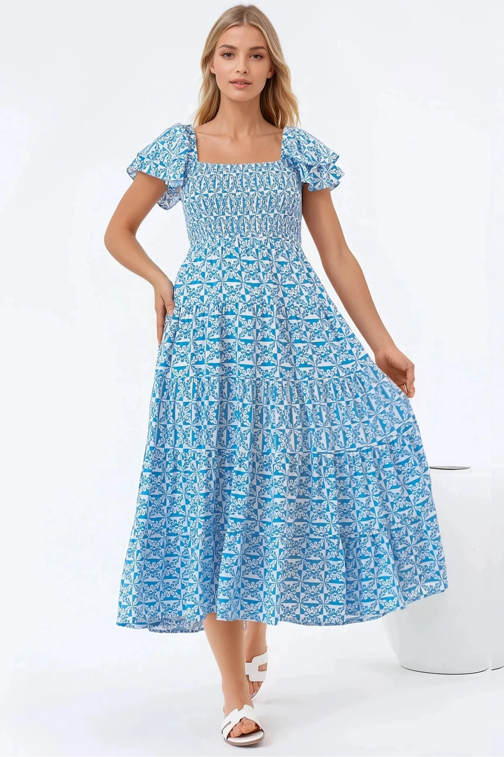 Aylia Midi Dress - Milkmaid Neckline Elasticated Bodice Frill Cap Sleeve Dress in Dory Print