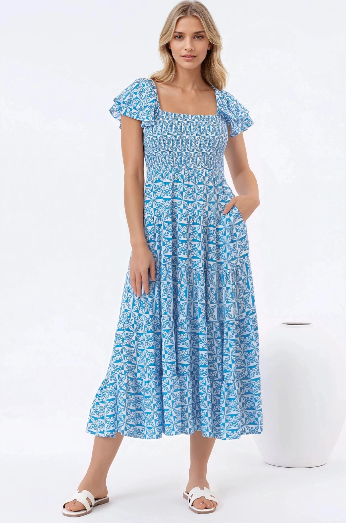 Aylia Midi Dress - Milkmaid Neckline Elasticated Bodice Frill Cap Sleeve Dress in Dory Print