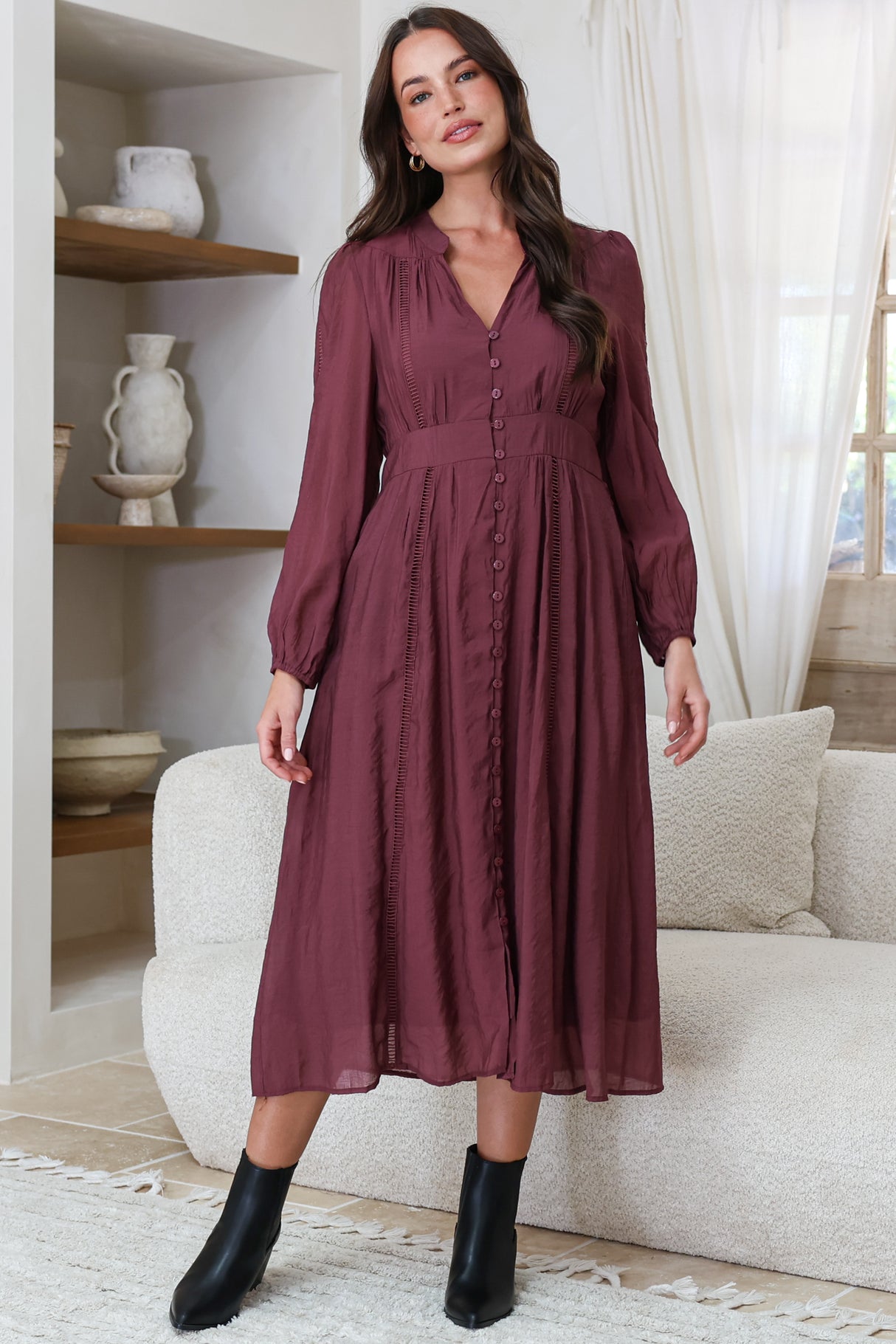 Model wearing Aylon Midi Dress in Merlot from Salty Crush