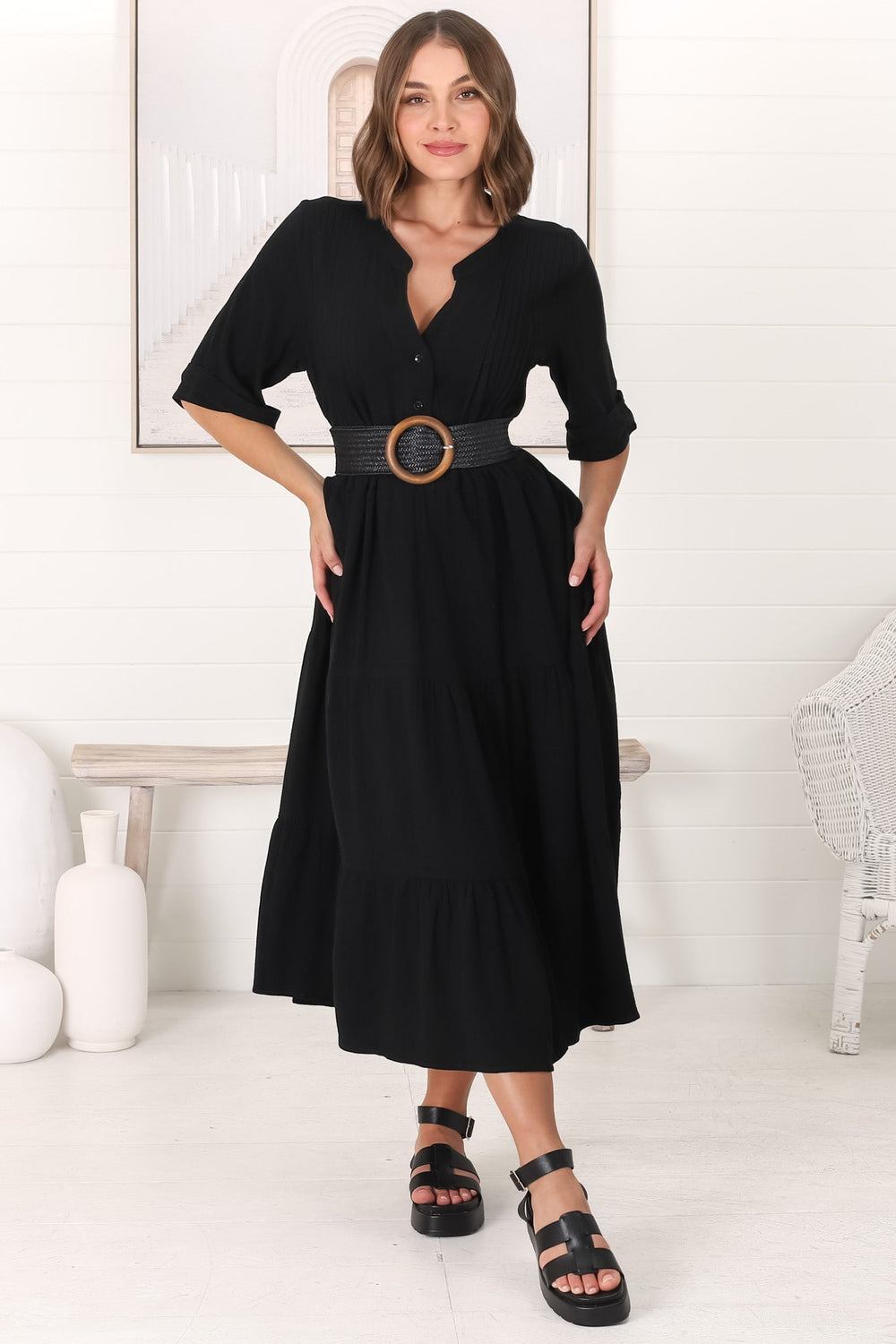 Ayva Midi Dress - 3/4 Sleeve Tiered Smock Dress in Black