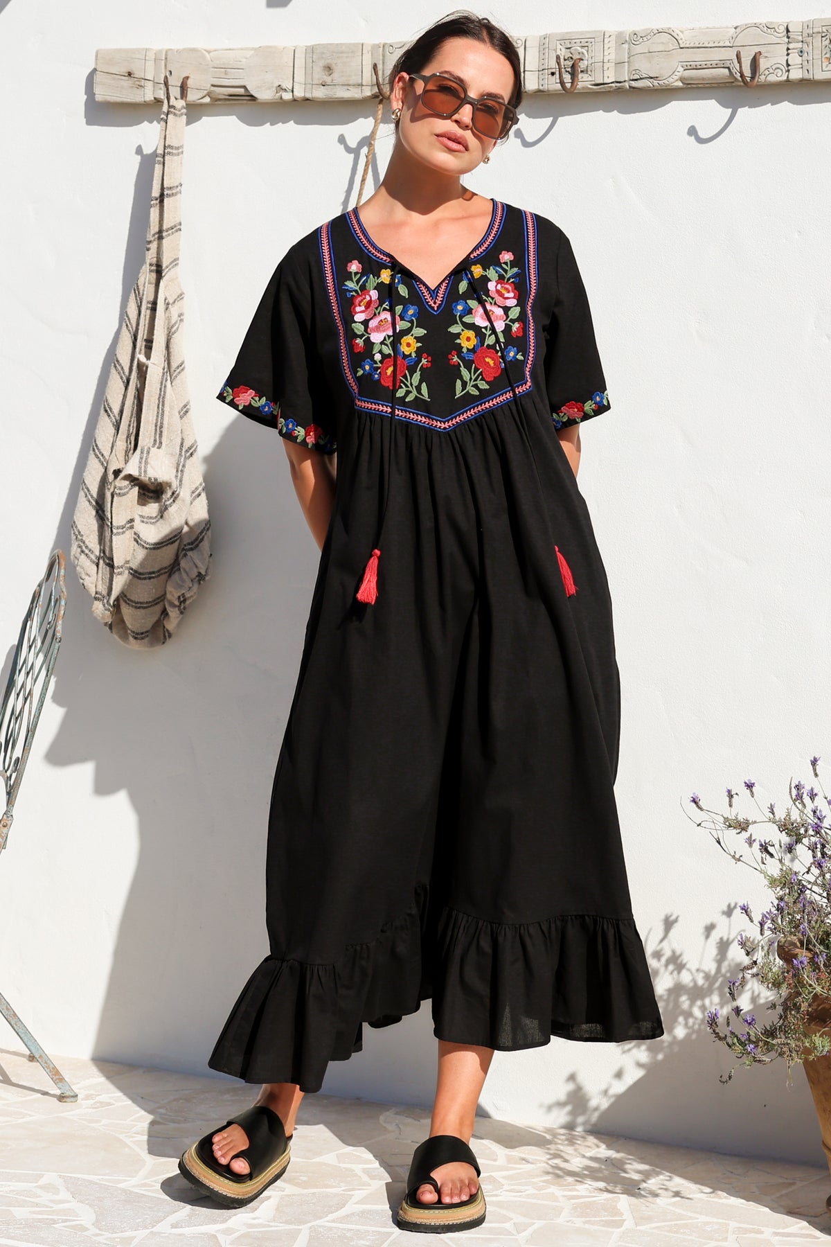 Azalea 1/2 Sleeve Midi Dress - Floral Embroidered Motif Shift Dress in Black